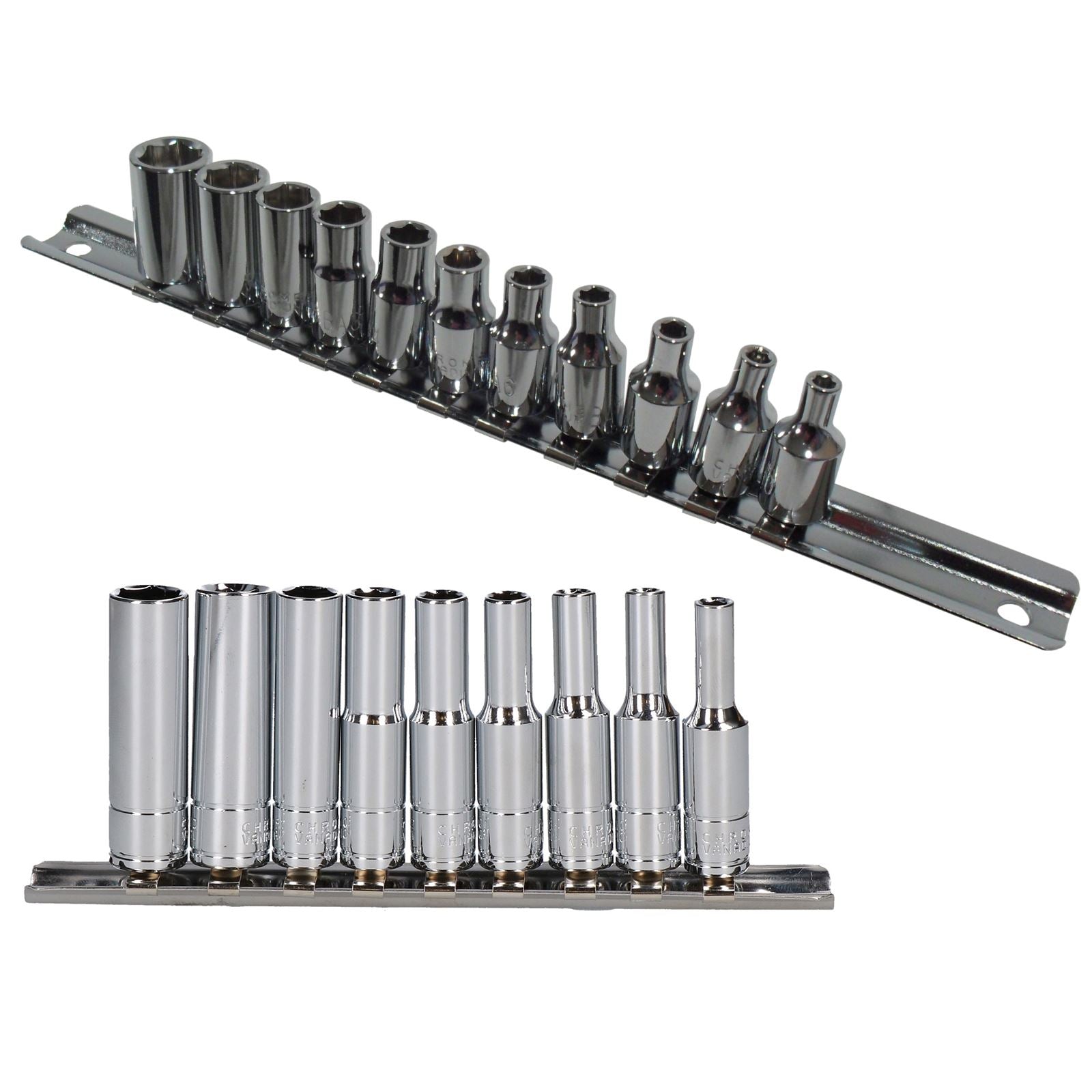 Jeu de douilles BA peu profondes et profondes 1/4" Douilles 0BA - 10BA 20 pièces sur rails
