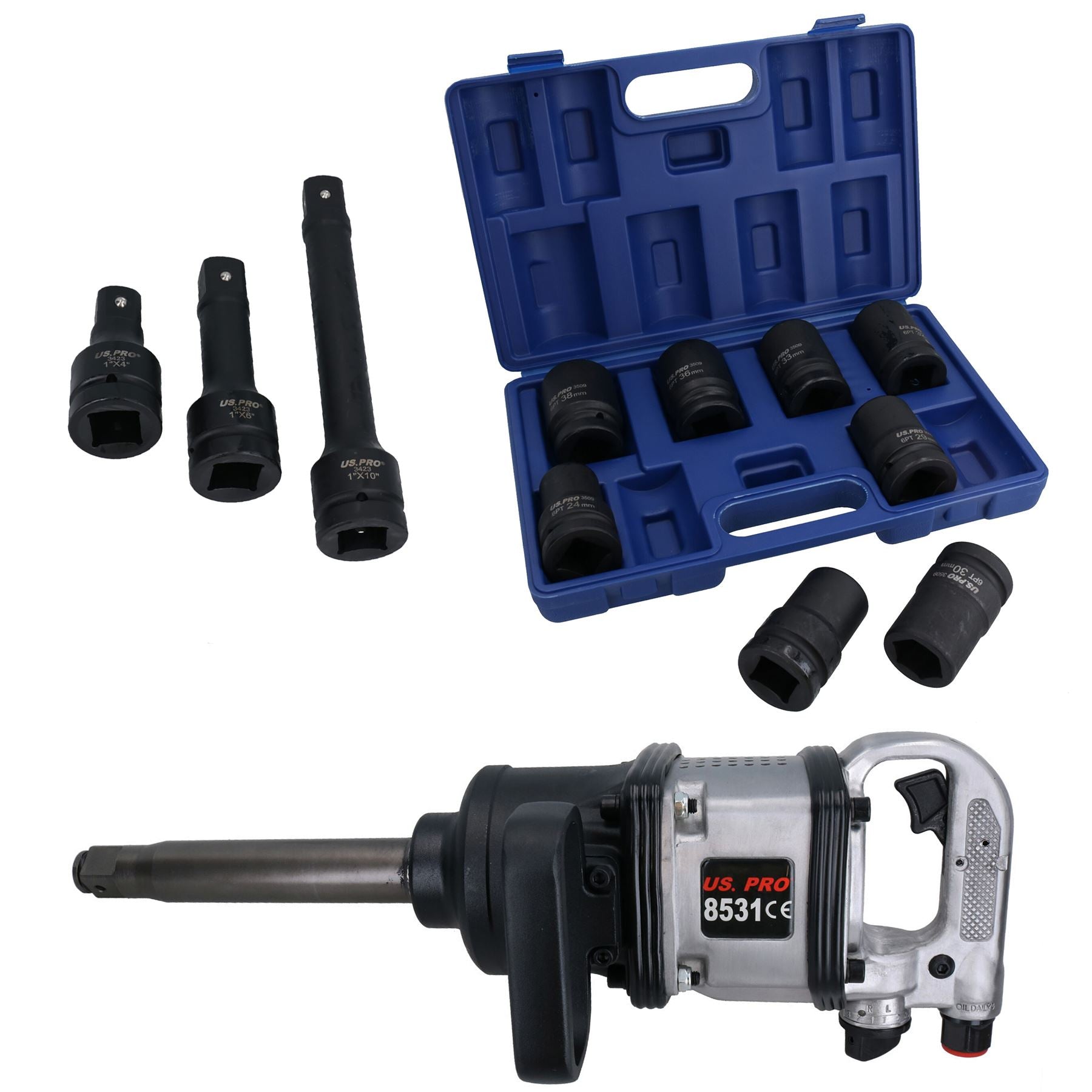 1in Drive Anvil Air Impact Wrench Gun 2200Nm 8 Sockets 24 – 38mm + Extensions