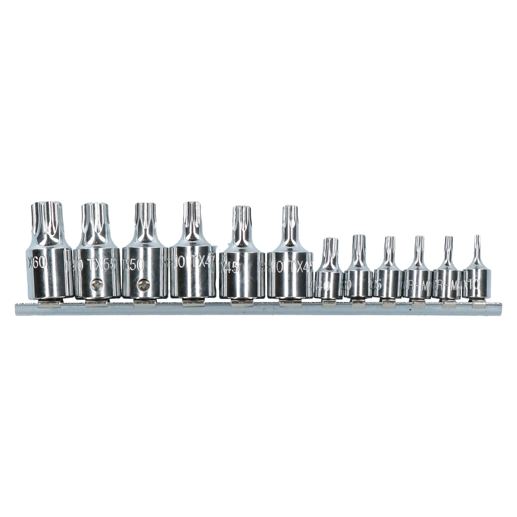 Männliche Torx-Stern-Steckschlüssel, 1/4" und 3/8" Antrieb, T10 - T60, 12-teiliger Satz auf einer Schiene