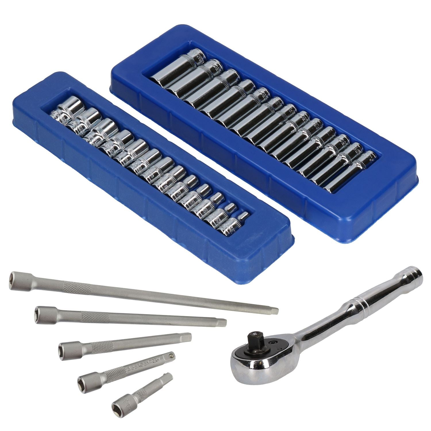 1/4"-Antrieb, metrisch, 6-kantige Stecknüsse, flache + tiefe Verlängerungen + Ratsche, 32-tlg.
