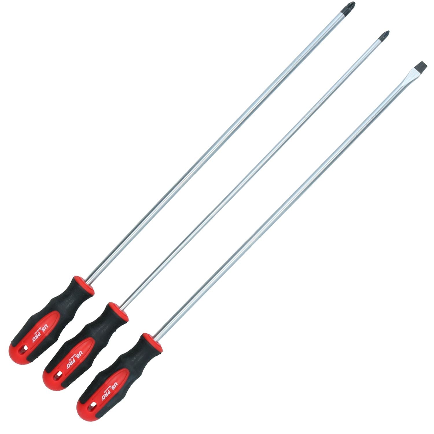 Jeu de 3 tournevis extra longs avec embouts plats Pozi + Phillips Longueur totale 500 mm