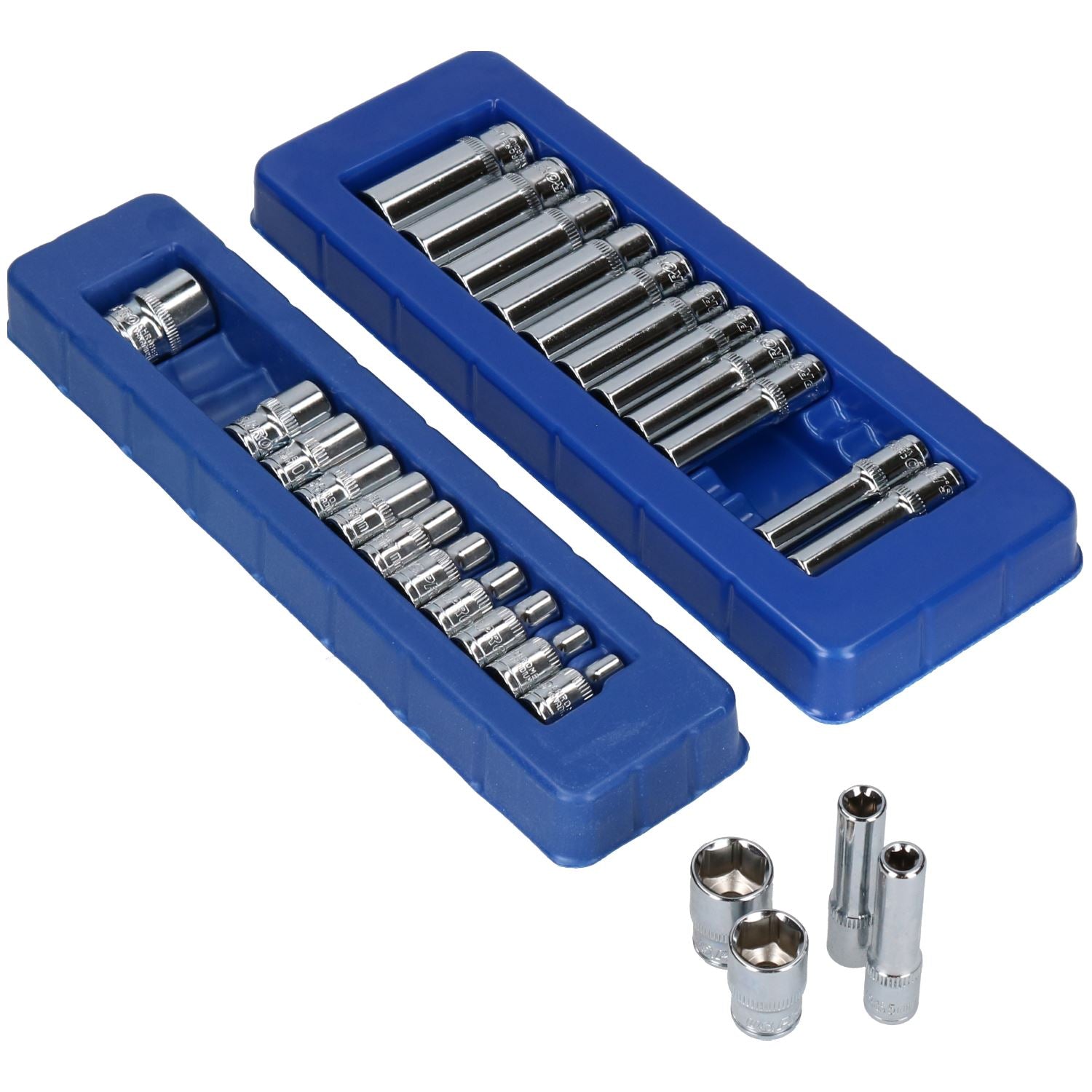 1/4"-Antrieb, metrisch, 6-kantige Stecknüsse, flache + tiefe Verlängerungen + Ratsche, 32-tlg.