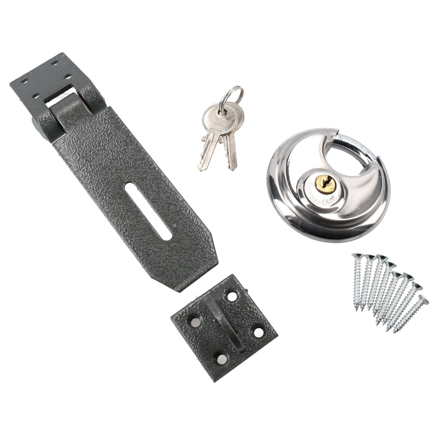 Heavy Duty Hasp and Staple Complete With 70mm Circular Padlock Security