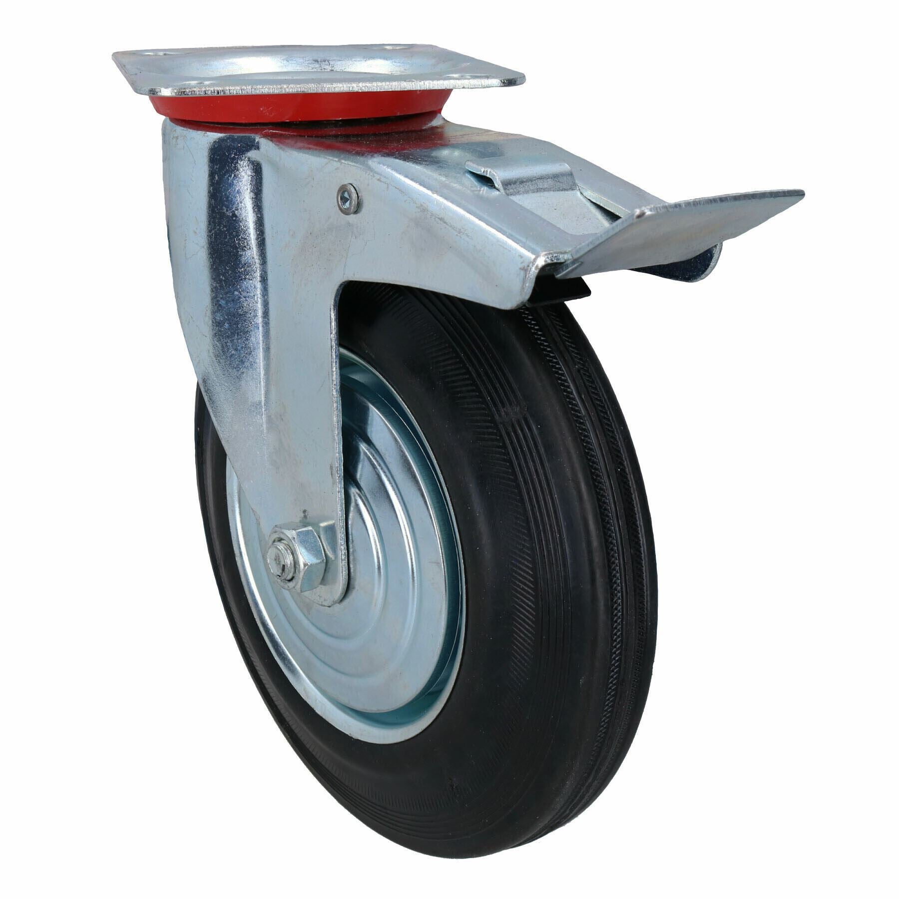 200mm (8in) HD Braked Castor Wheel Rubber Tyre For Trolleys Trucks Carts