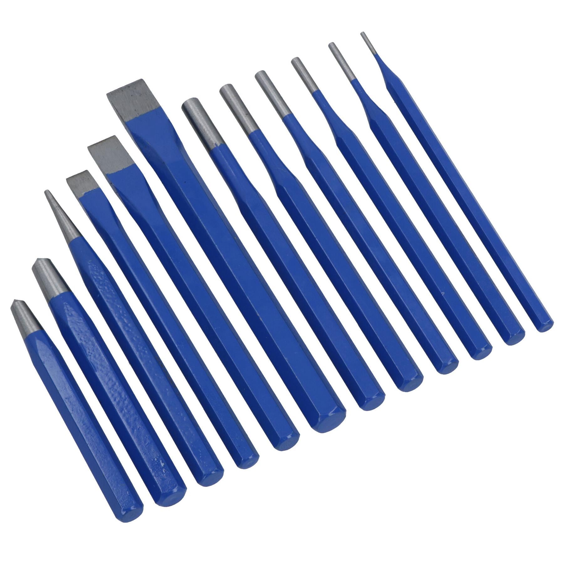 Körner- und Meißelsatz, konisch zulaufender, paralleler Splinttreiber, Kaltmeißel, 12-teilig