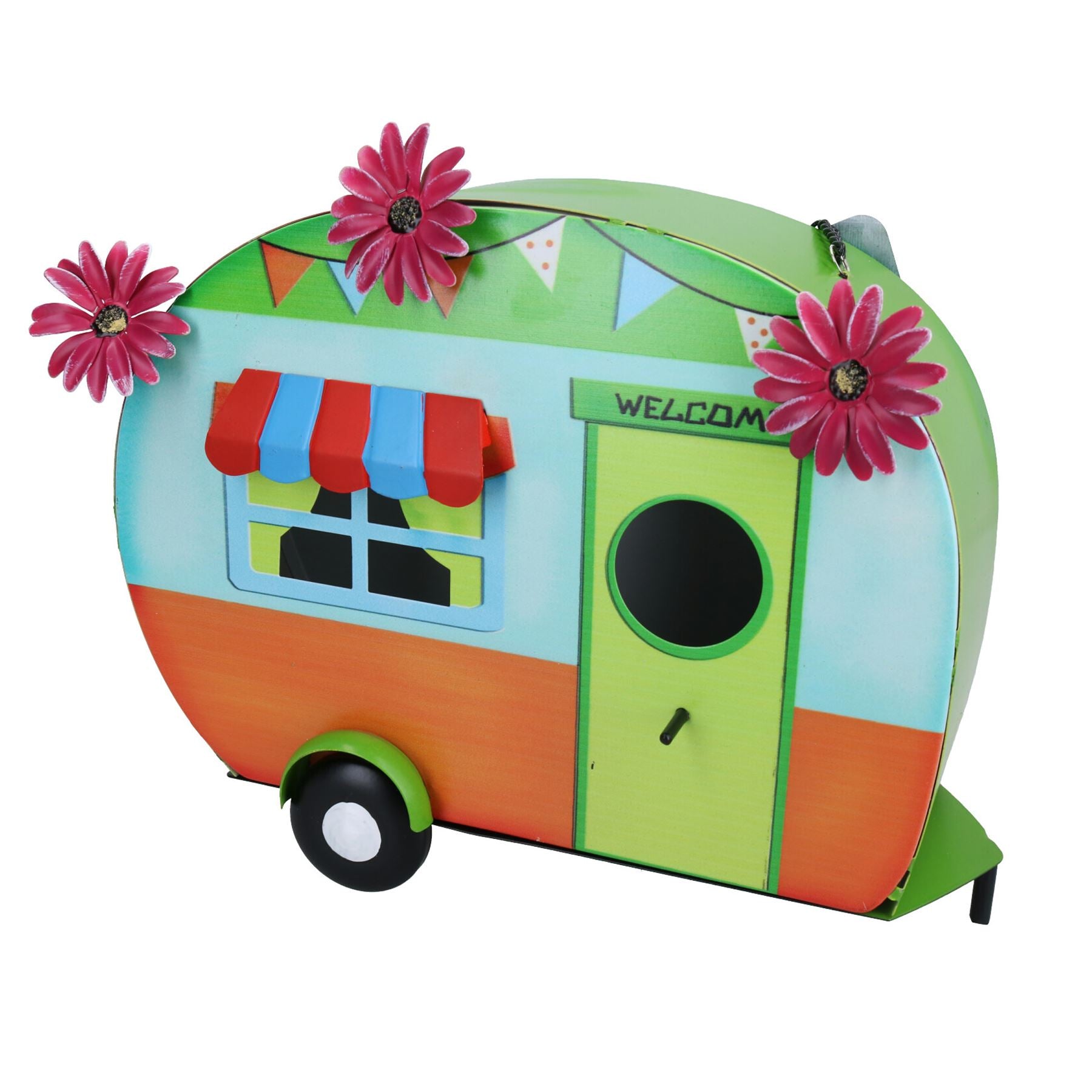 Funky Metal Caravan Bird House - For Wild Birds Garden Decor Green & Orange