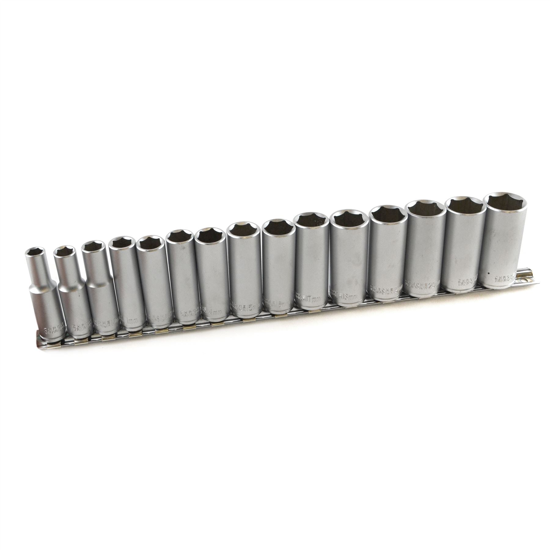 15-tlg. 3/8 Zoll CRV-Steckschlüsseleinsätze mit tiefer Reichweite auf Schiene, 8–22 mm Sechskant, 6-kant, metrisch, TE917