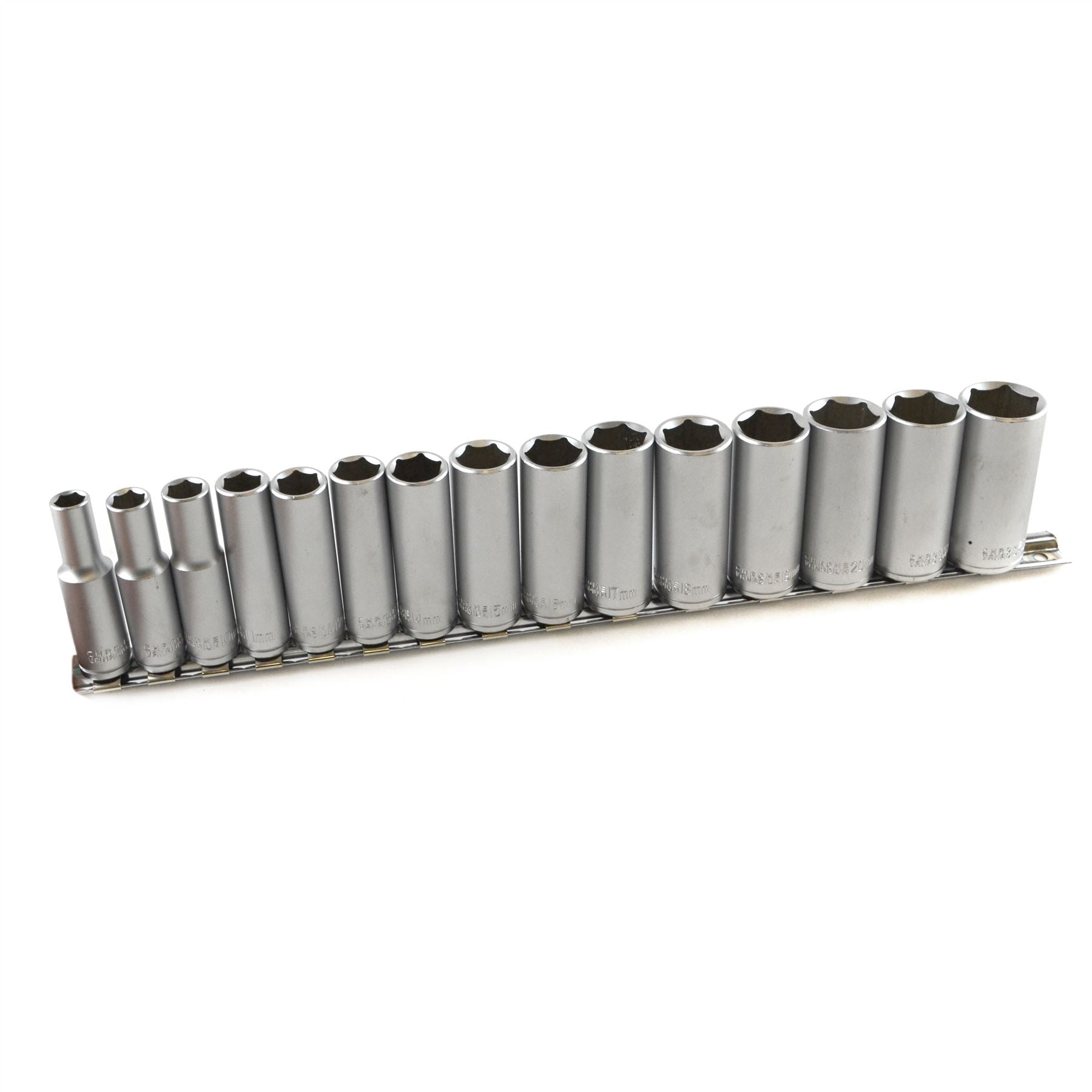 15pc 3/8" dr Deep Reach CRV Sockets On Rail 8-22mm Hex 6 Point Metric TE917