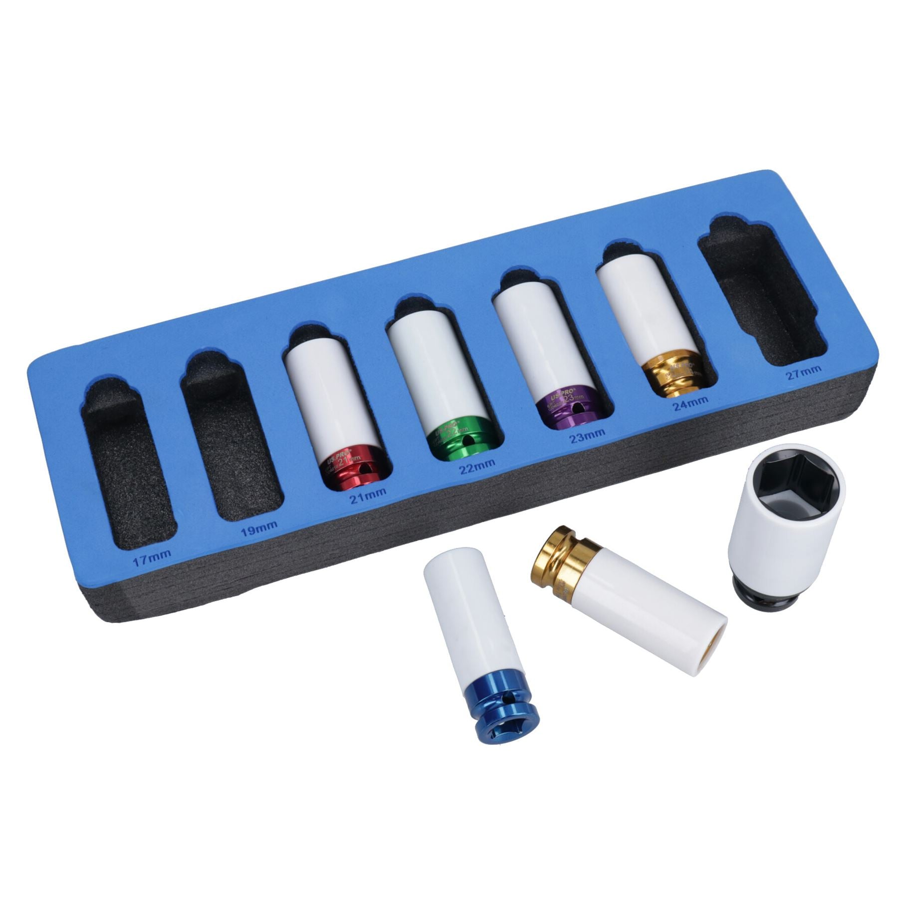 1/2-Zoll-Antrieb, tiefe Schlagnüsse für Leichtmetallfelgenmuttern, 17–27 mm, 6-kant, 7-tlg. Satz