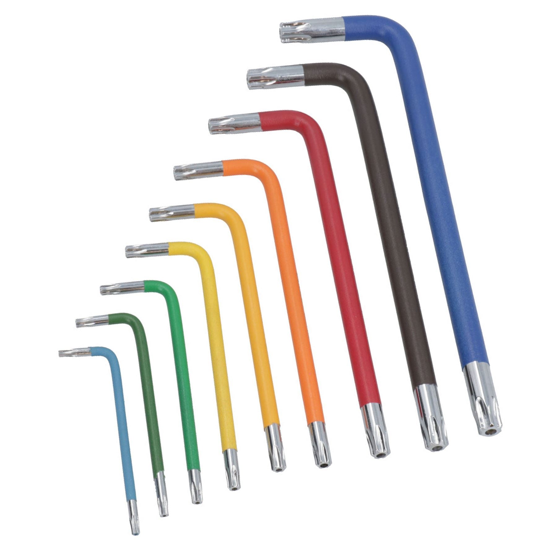 9-tlg. Torxschlüssel, lang, Stern, manipulationssicher, mehrfarbig, mit Halter, T10 – T50