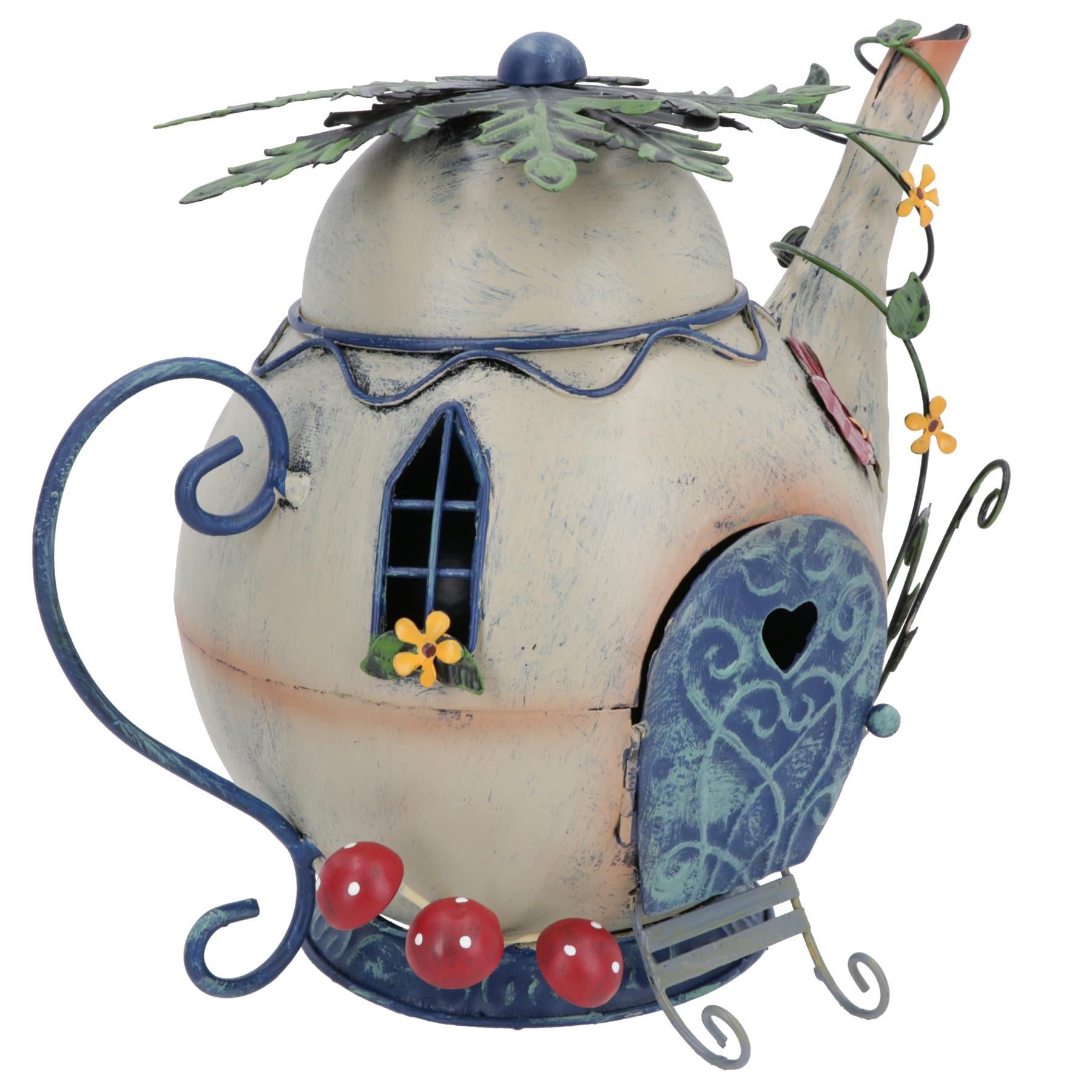 Fairy Teapot House Metal Statue Sculpture Home Decor Ornament Garden Yard