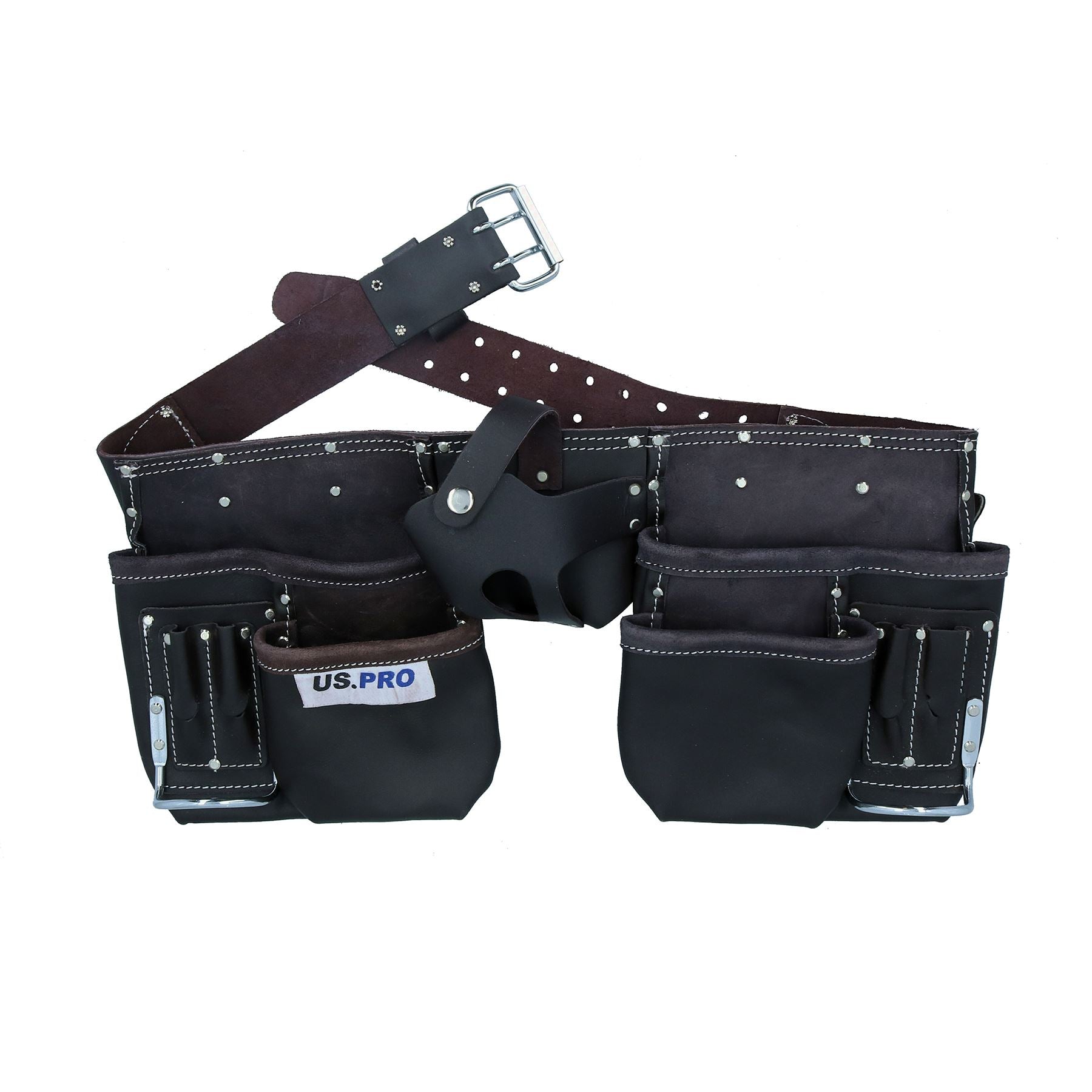 Double Leather Toll Belt Roll Pouch Holder with Adjustable Belt Buckle 11 Pocket