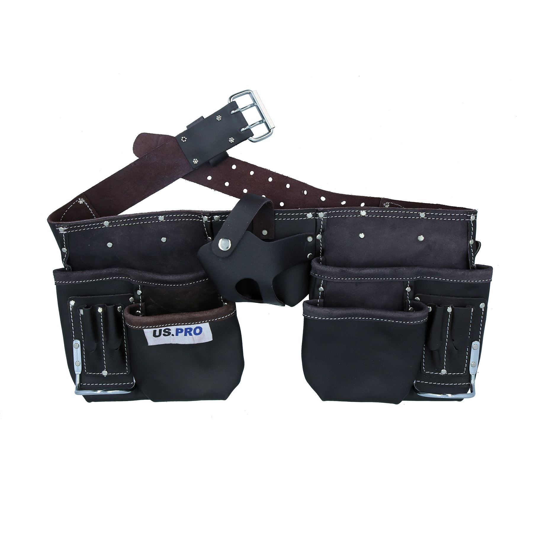 Pochette à double ceinture en cuir avec boucle de ceinture réglable 11 poches