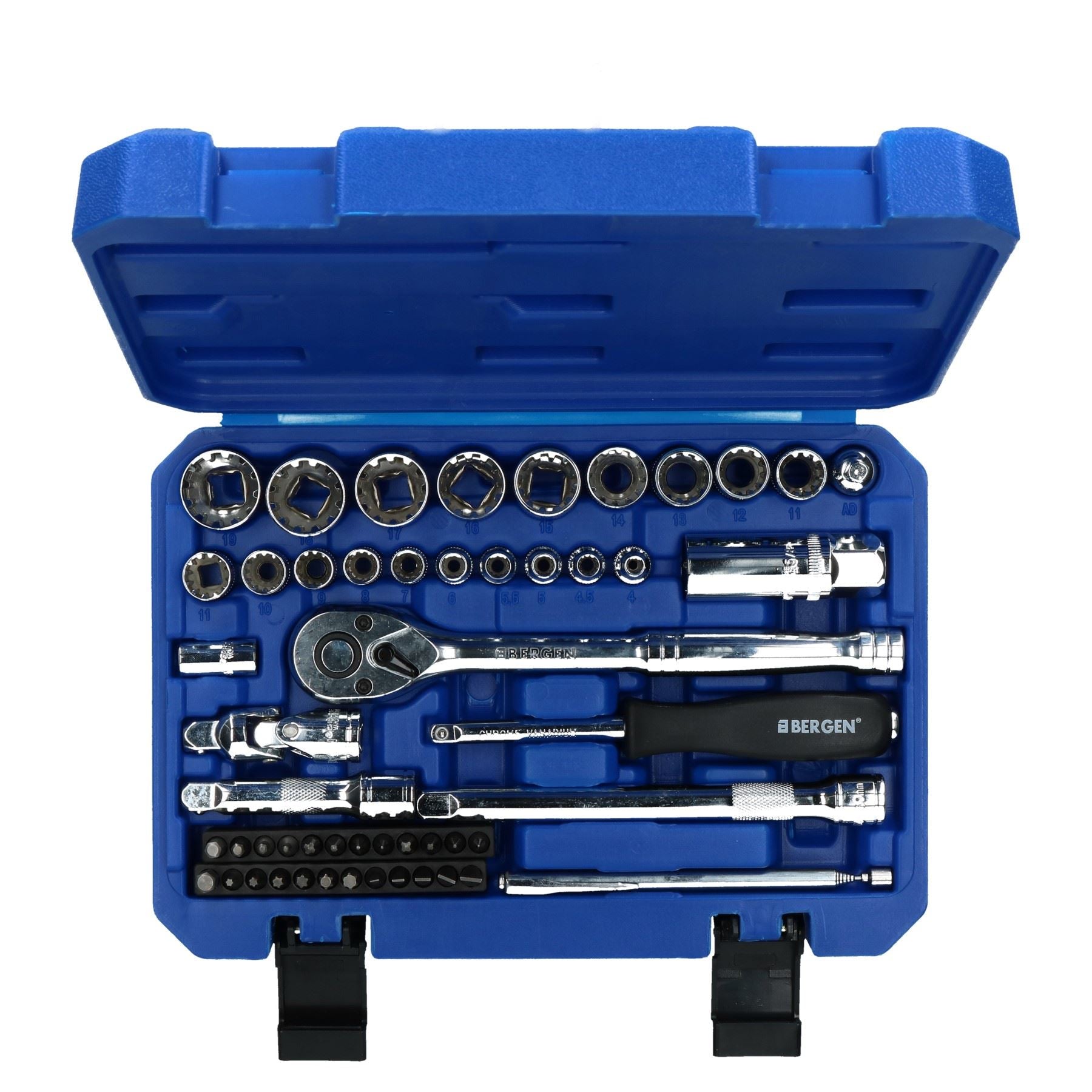 Coffret de 52 douilles métriques MM et accessoires à entraînement 1/4" + 3/8" à verrouillage par engrenage