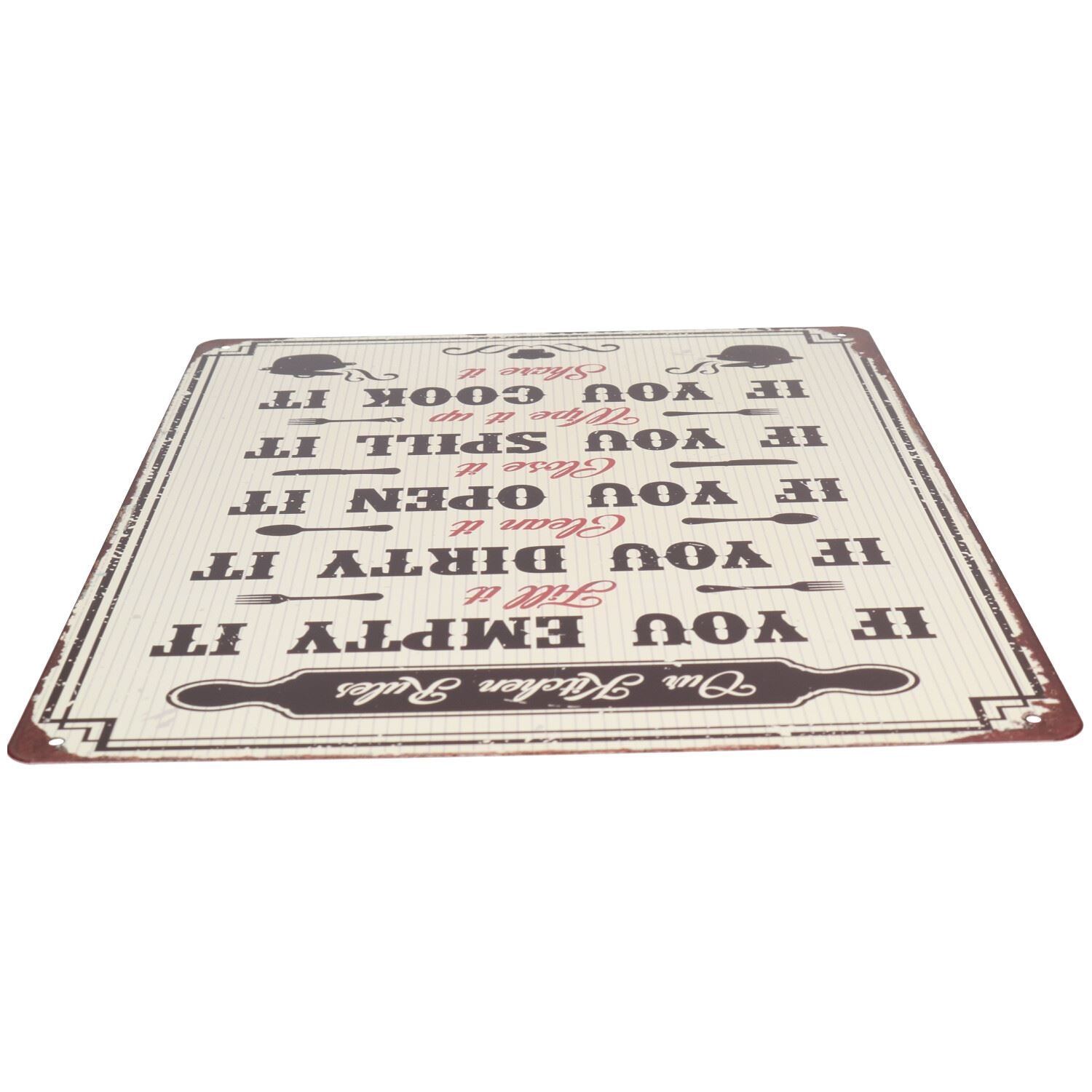 Panneau en métal rétro à suspendre « Our Kichen Rules » avec trou pré-perforé 25 x 33 cm