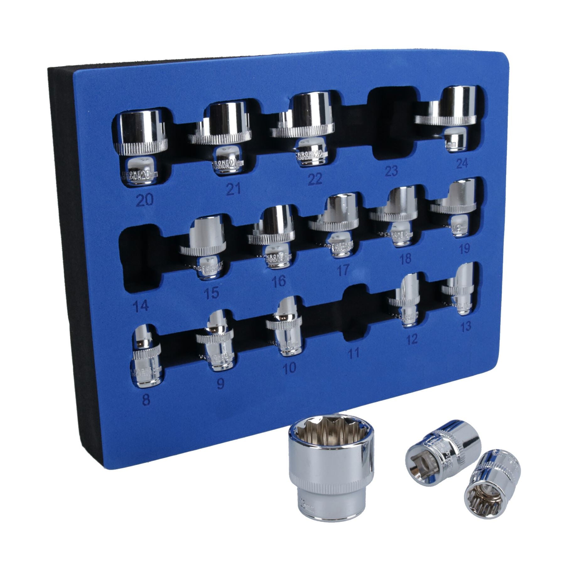 3/8" Drive Shallow Metric MM Shallow Sockets Bi-Hex 12 Point 8mm - 24mm 17pc