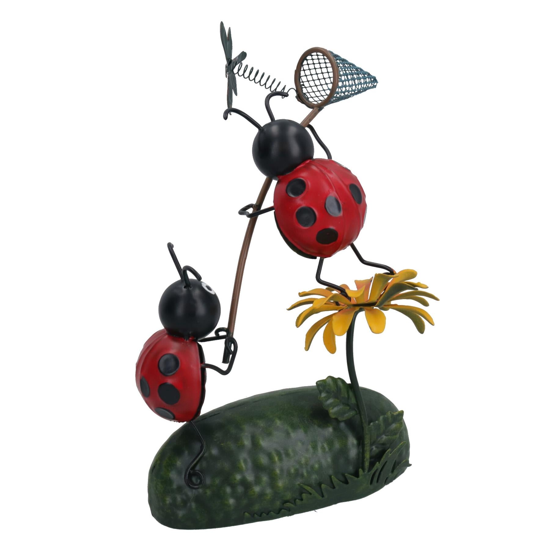 Décoration de jardin miniature en métal représentant une coccinelle attrapant une libellule 6 x 12 x 20 cm