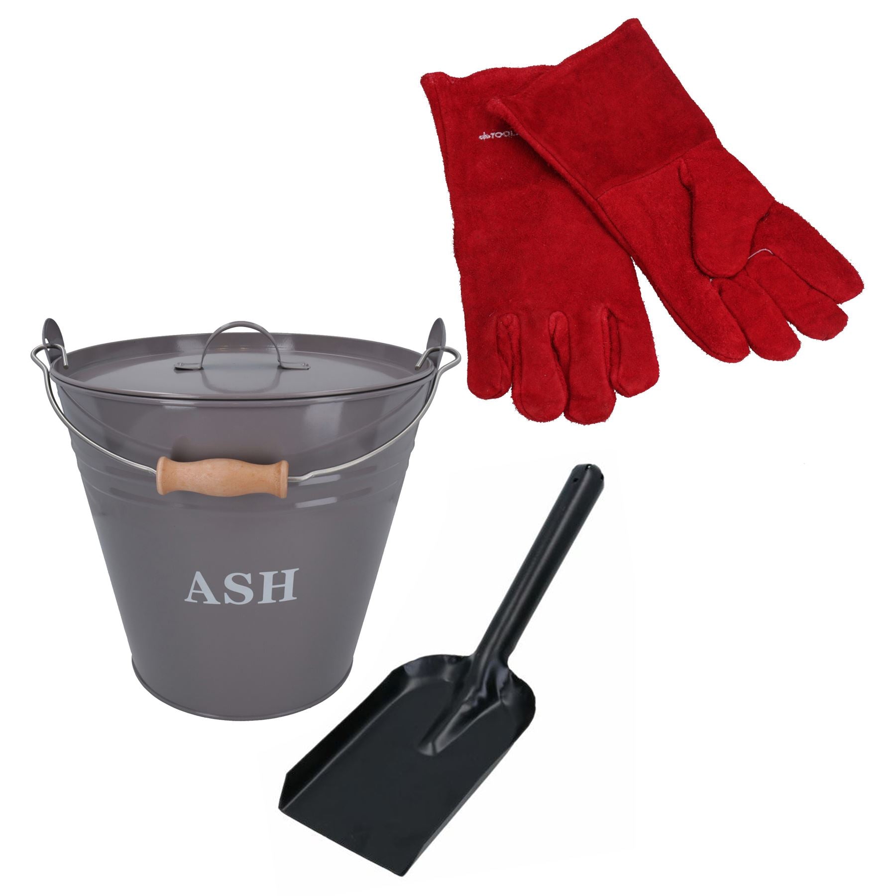 Grey Coal Bucket With Lid, 5" Shovel & Gloves Metal Ash Tidy Bin Fire Log Burner