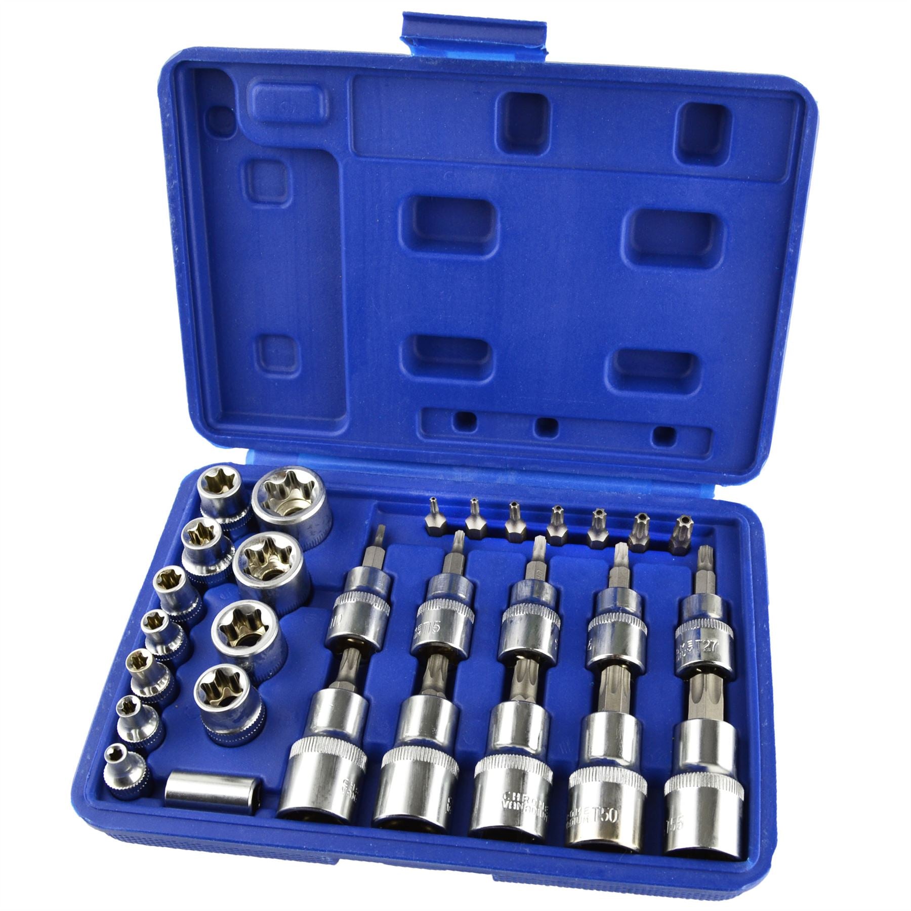 Douilles Torx Star E mâles et femelles 1/4", 3/8", 1/2", E4 - E20 T8 - T55 29 pièces