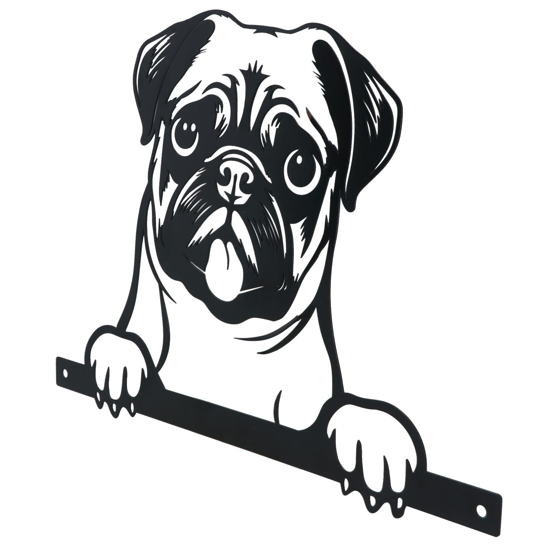 Black Metal Peeking Pug Silhouette with Fixing Plate Garden Ornament Gift