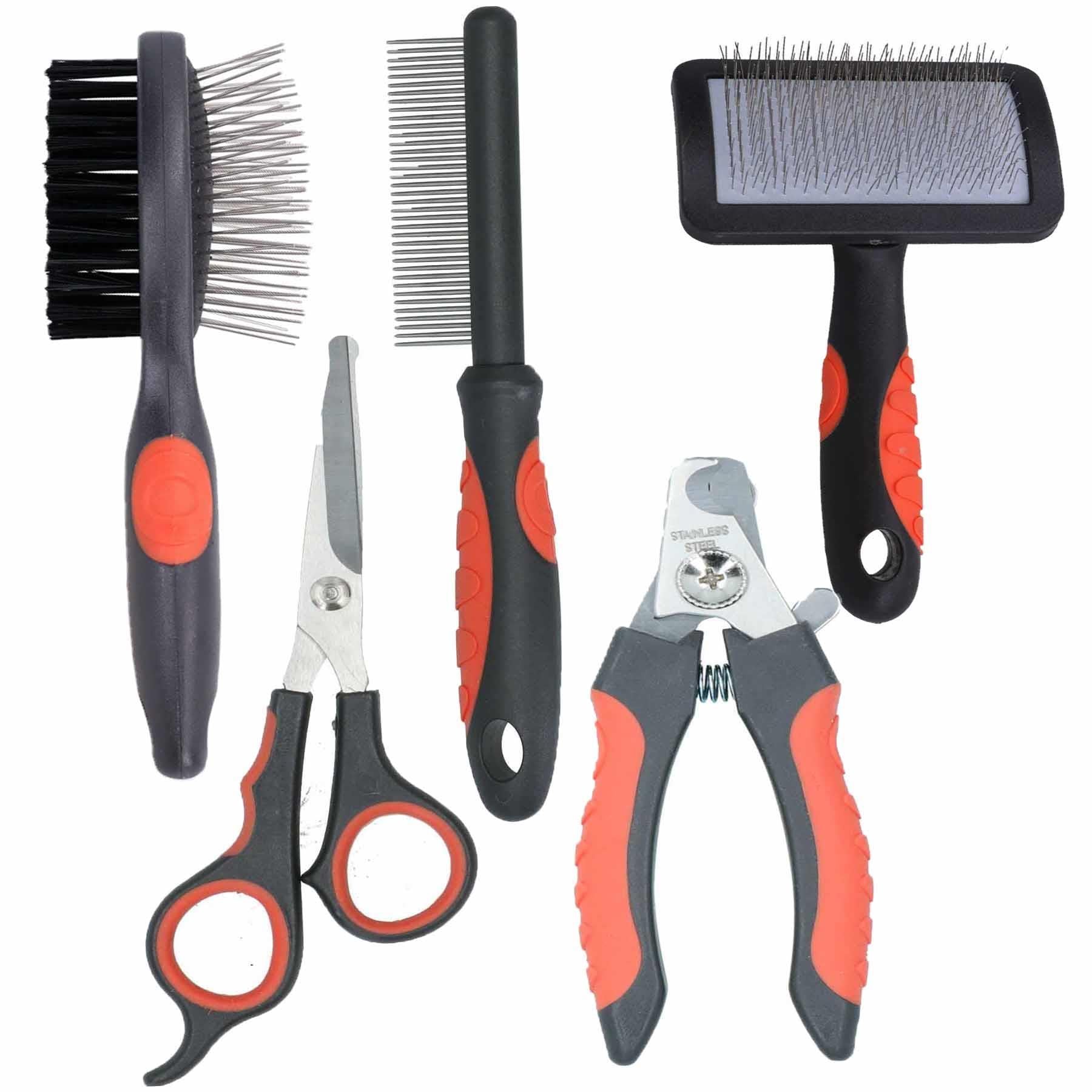 Dog Cat Groom Set:Medium Comb, Slicker/Double Sided Brush,Scissors, Clippers