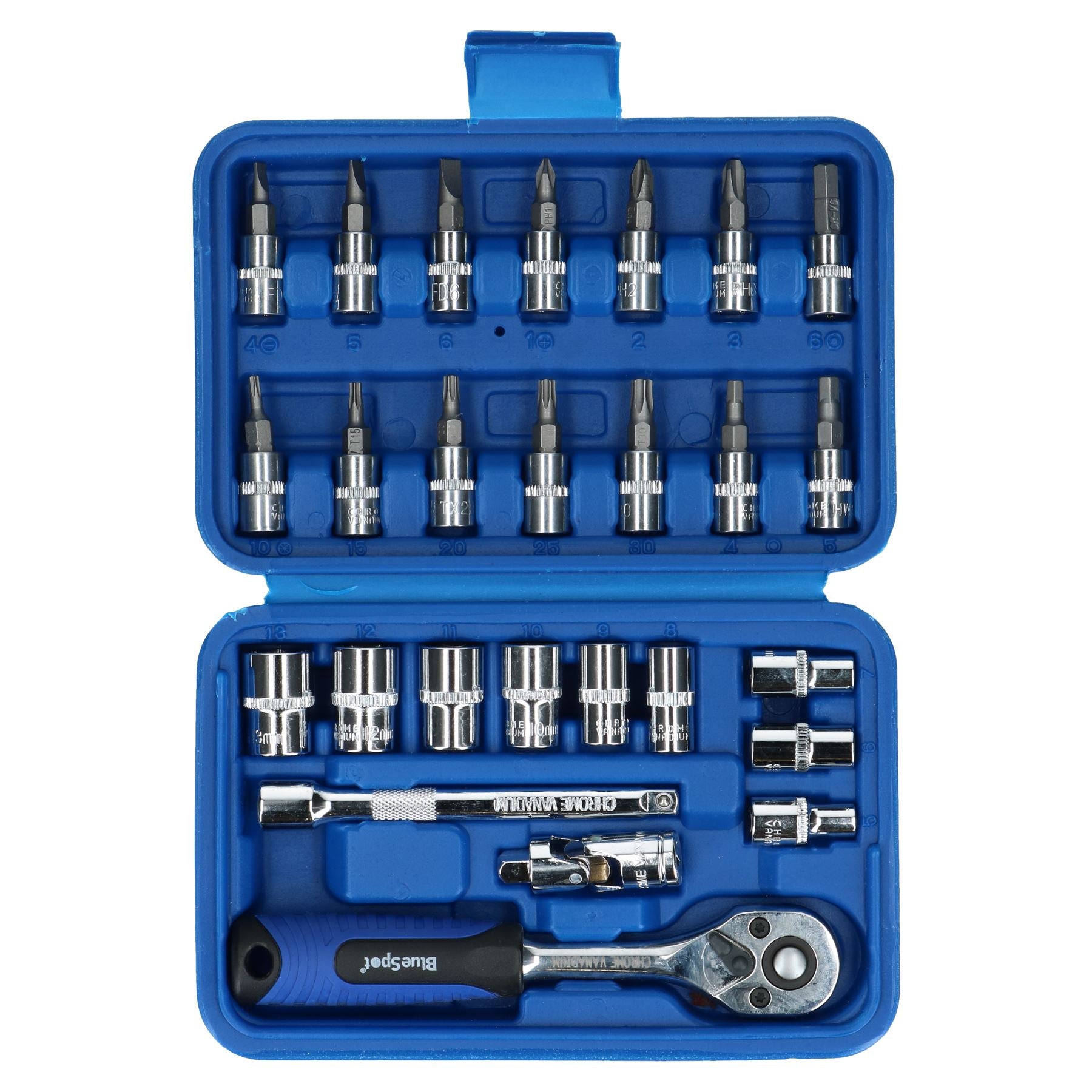 26-teiliger 1/4-Zoll-Antrieb, metrischer flacher Steckschlüsselsatz und Zubehörbitsatz, 5–13 mm