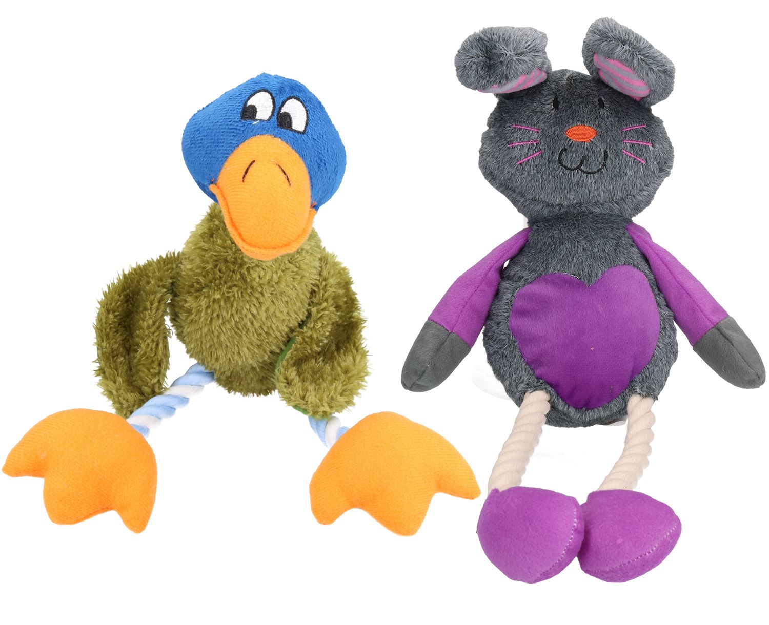 Mr Twister – Hundespielzeug aus Plüschseil „Delia Duck“ und „Ruby Rabbit“ mit Quietschfunktion, 2 Stück