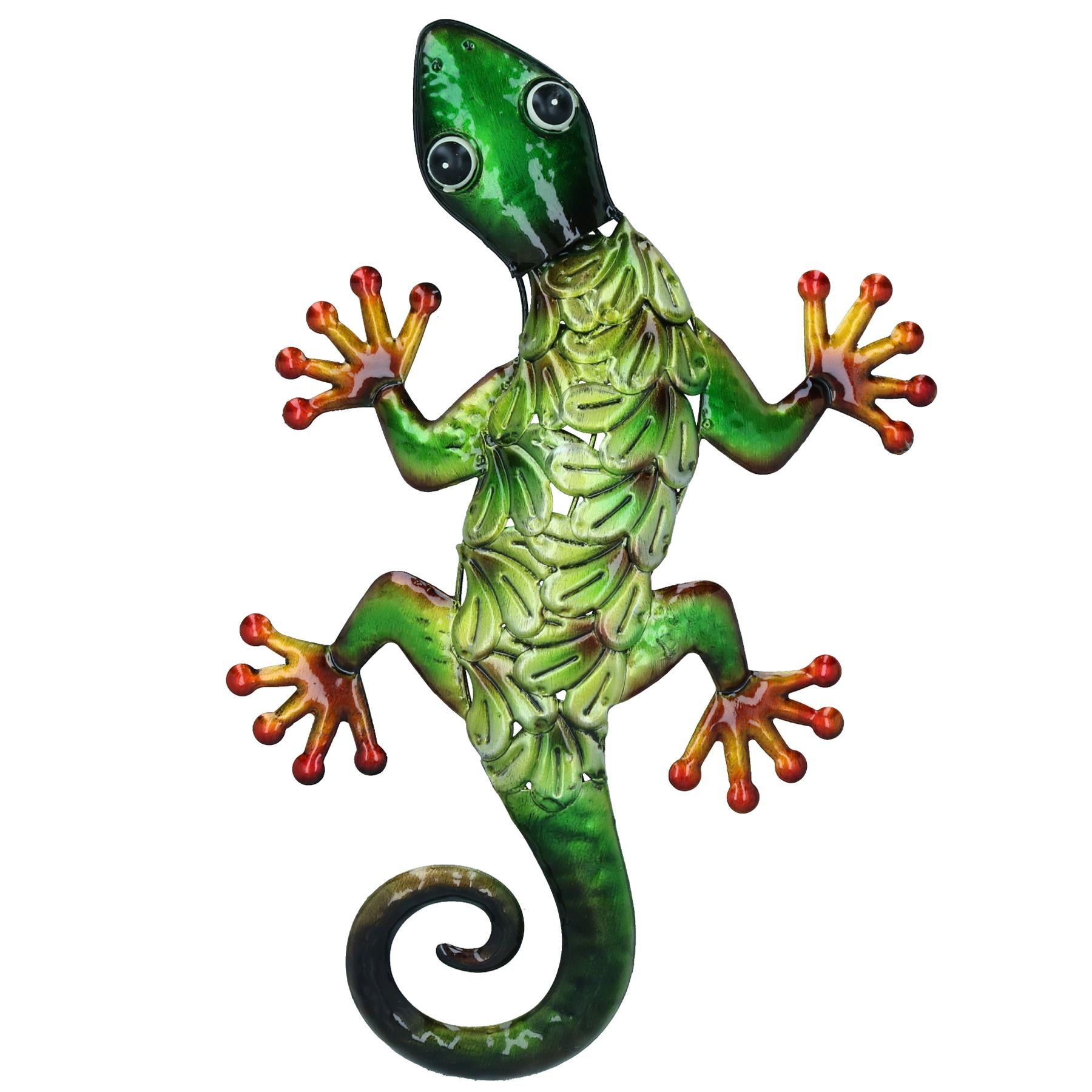 Décoration murale de jardin/maison en forme de gecko vert métallisé avec crochet de suspension