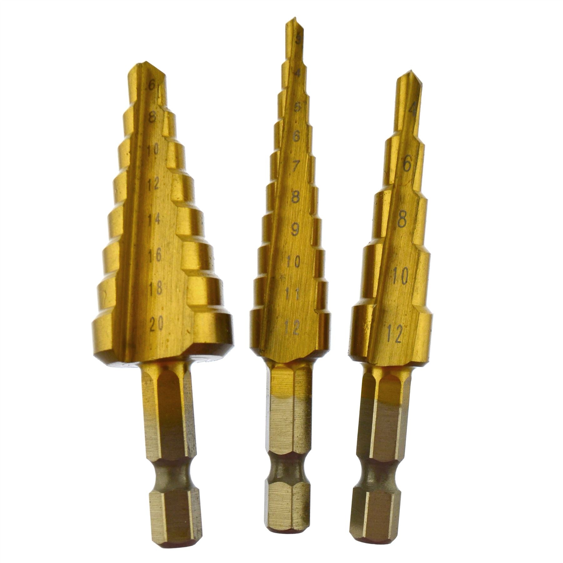 3er-Pack HSS Stufenkegelbohrer mit Titanbeschichtung, Lochschneider, Sechskantschaft, Metall, PlasticAT018