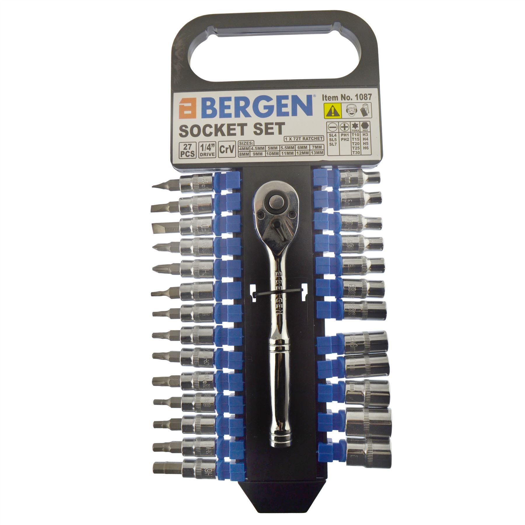 1/4"-Antrieb, metrische flache Steckschlüsseleinsätze und Zubehörsatz 4 - 13 mm, 27-teilig, Torx/Sechskant/Bits