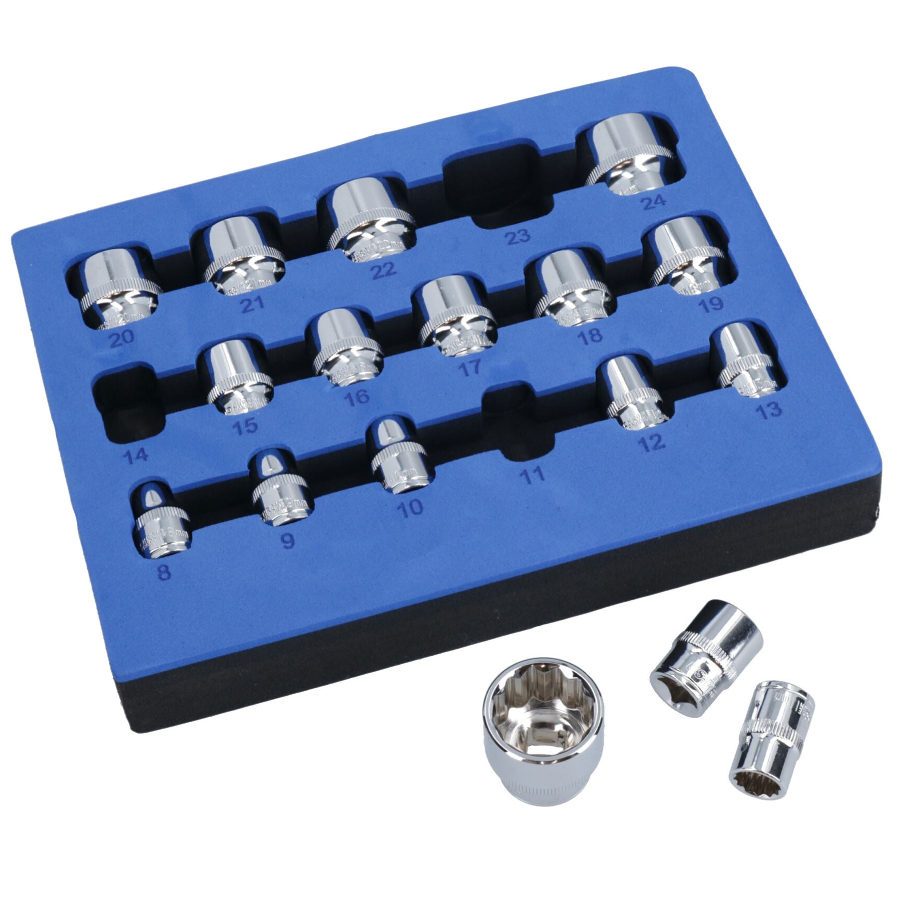 3/8" Drive Shallow Metric MM Shallow Sockets Bi-Hex 12 Point 8mm - 24mm 17pc