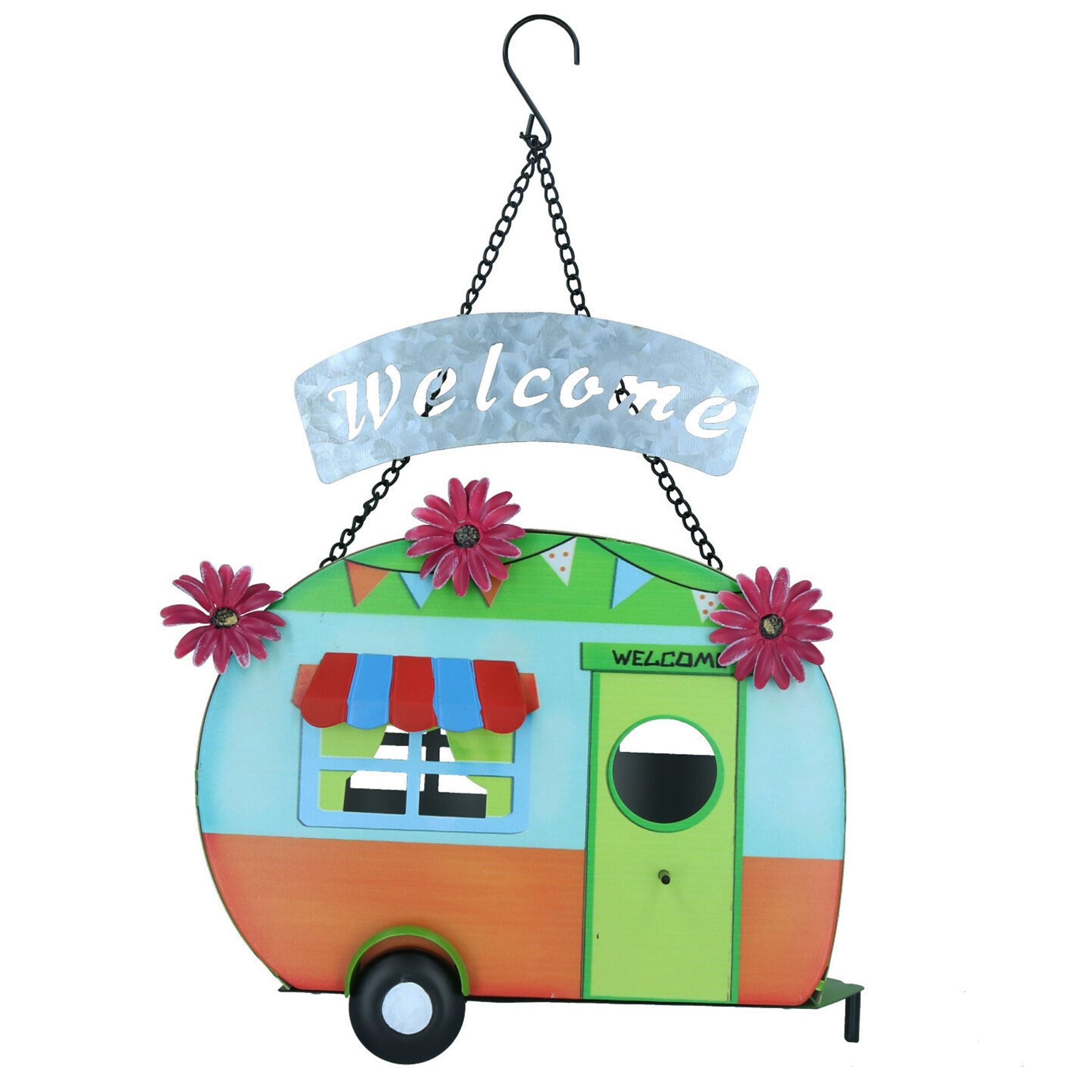 Funky Metal Caravan Bird House - For Wild Birds Garden Decor Green & Orange