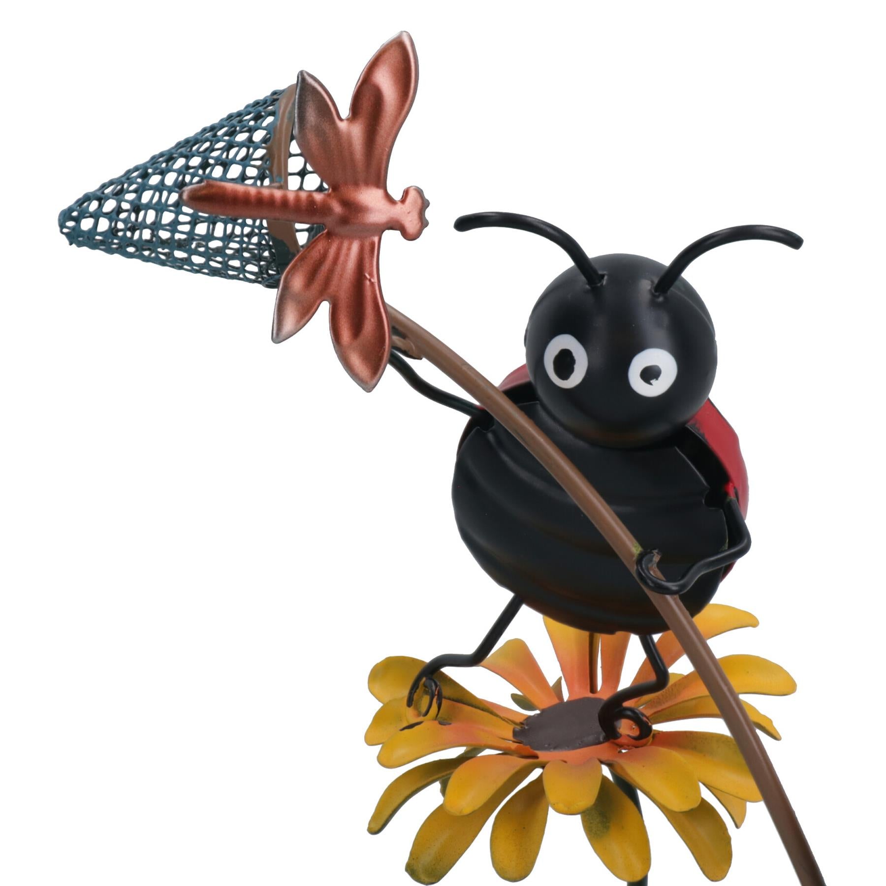 Décoration de jardin miniature en métal représentant une coccinelle attrapant une libellule 6 x 12 x 20 cm