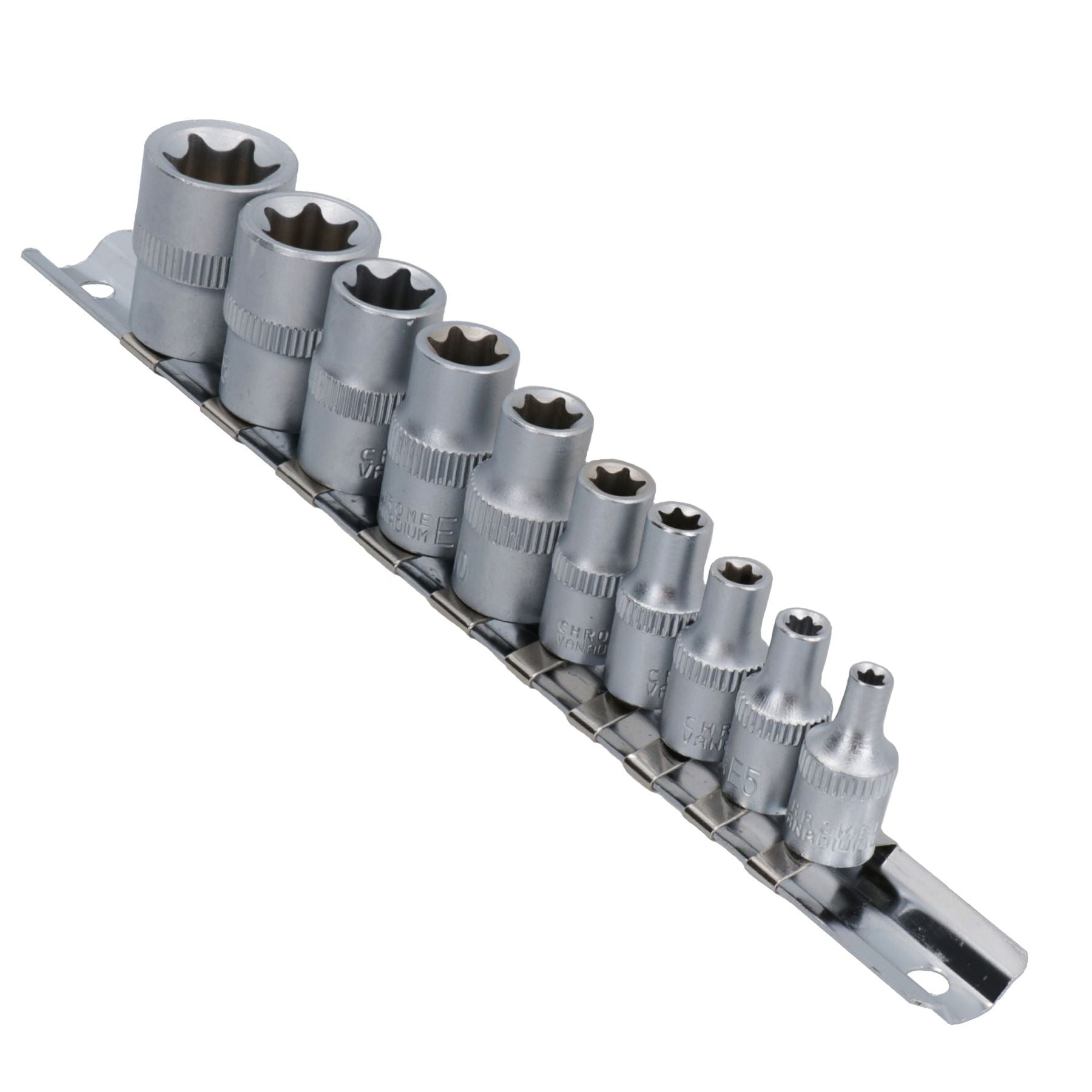 Innen-Torx-Steckschlüssel, flach, Stern E, 1/4" + 3/8" Antrieb, E4 – E18, 10-teiliger Satz