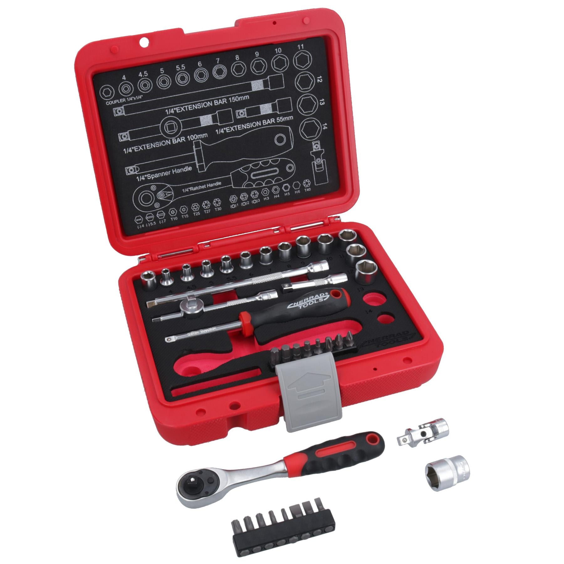 1/4-Zoll-Steckschlüssel-Bitsatz, metrische Größen 4 – 14 mm, Verlängerungen, Ratschen, Sechskant, 37-teilig