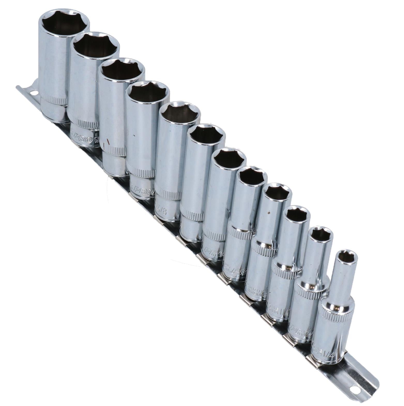 Douilles impériales SAE AF 1/4" - 7/8" 6 points sur rail, 12 pièces, empreinte profonde 3/8" AT939