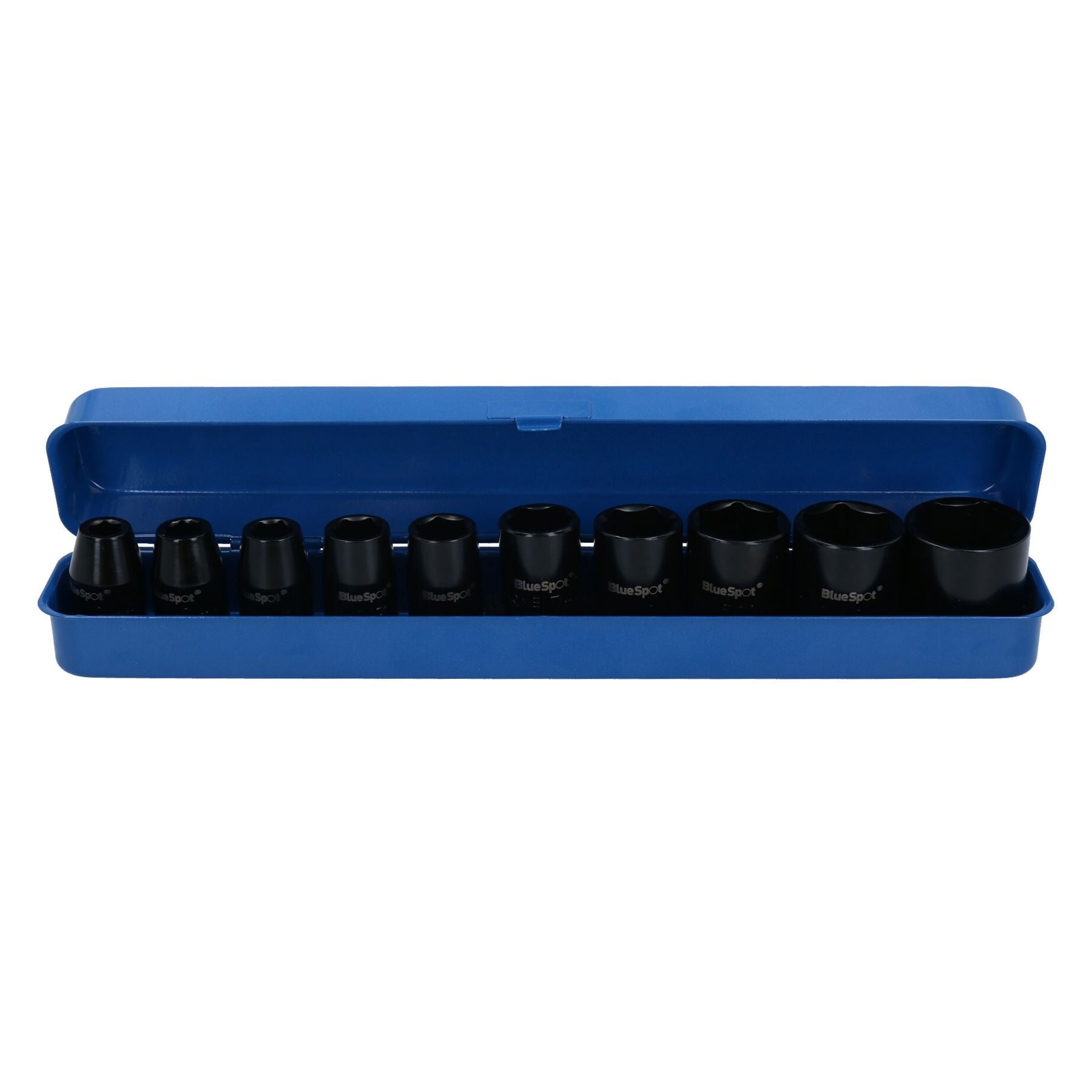 10-tlg. 1/2-Zoll-Antrieb, metrisch, flach, 6-seitig, Schlag-Steckschlüsseleinsätze, 9–27 mm, in Metalldose