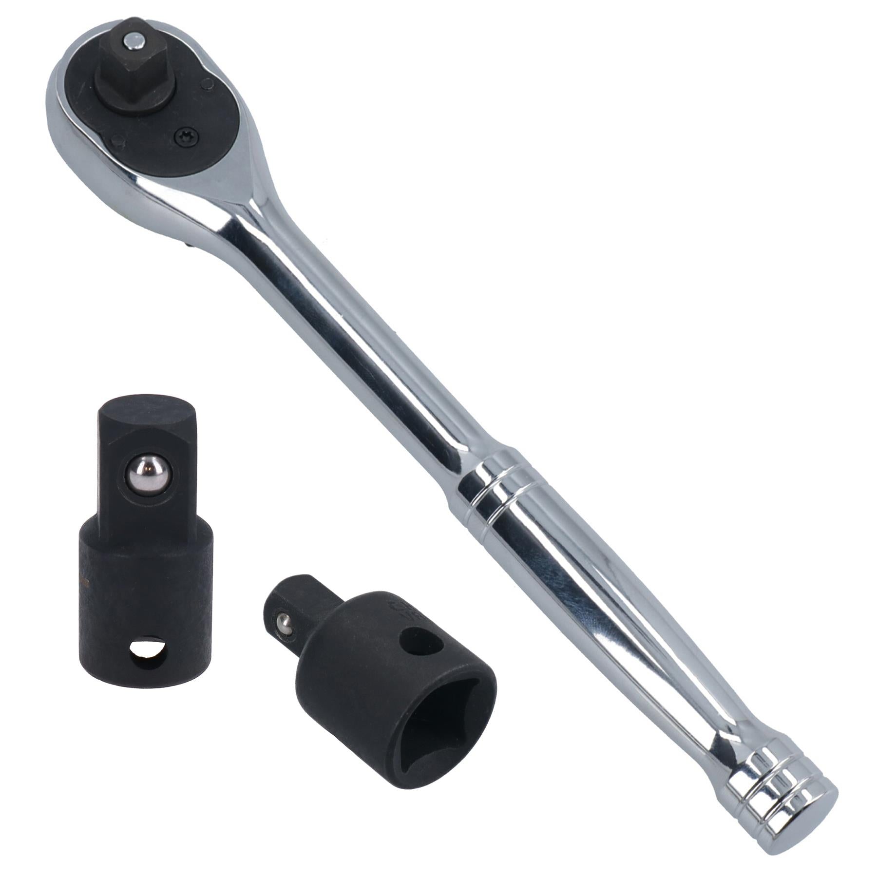 Clé à cliquet 3/8 po avec adaptateurs convertisseurs d'impact 1/4 po + 1/2 po 72 dents