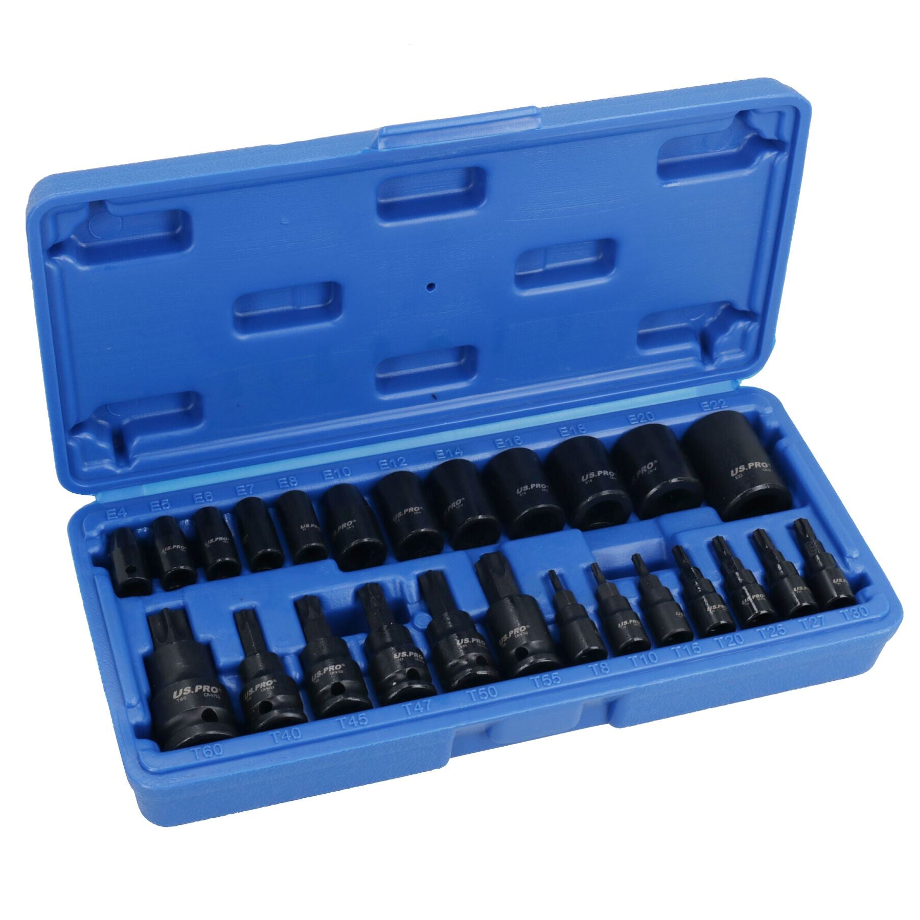 25pc Male + Female Impacted Impact Torx Star E Sockets T8 – T60 + E4 – E22