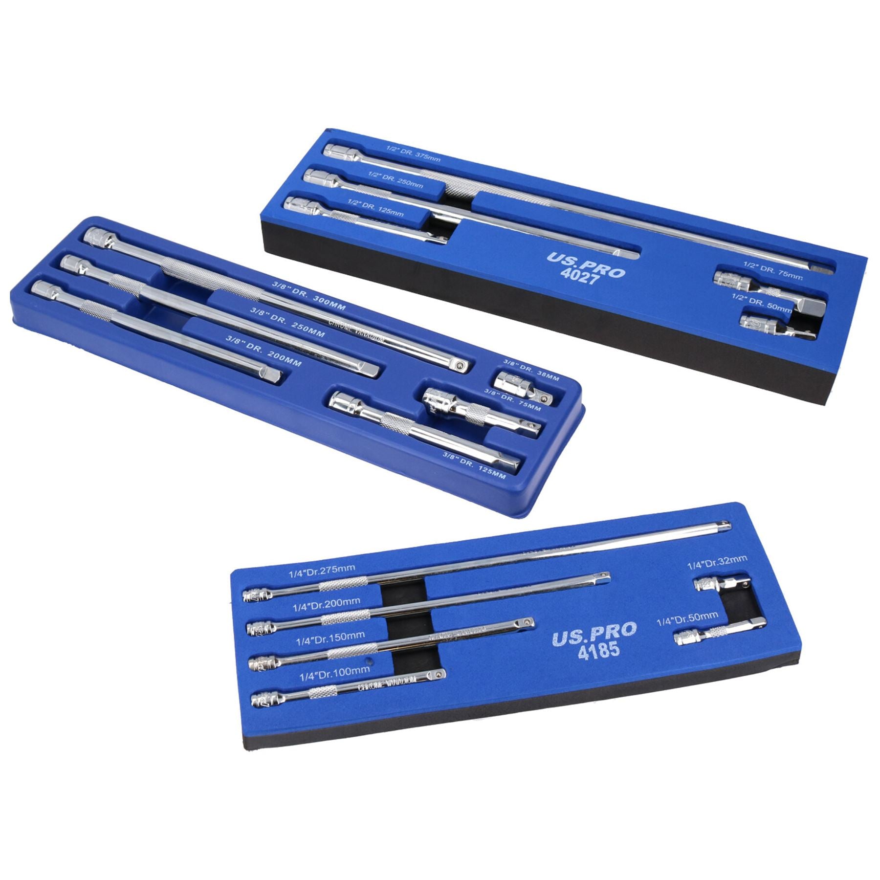 Jeu de 17 rallonges droites pour douilles 1/4" 3/8" 1/2" 32 mm – 375 mm