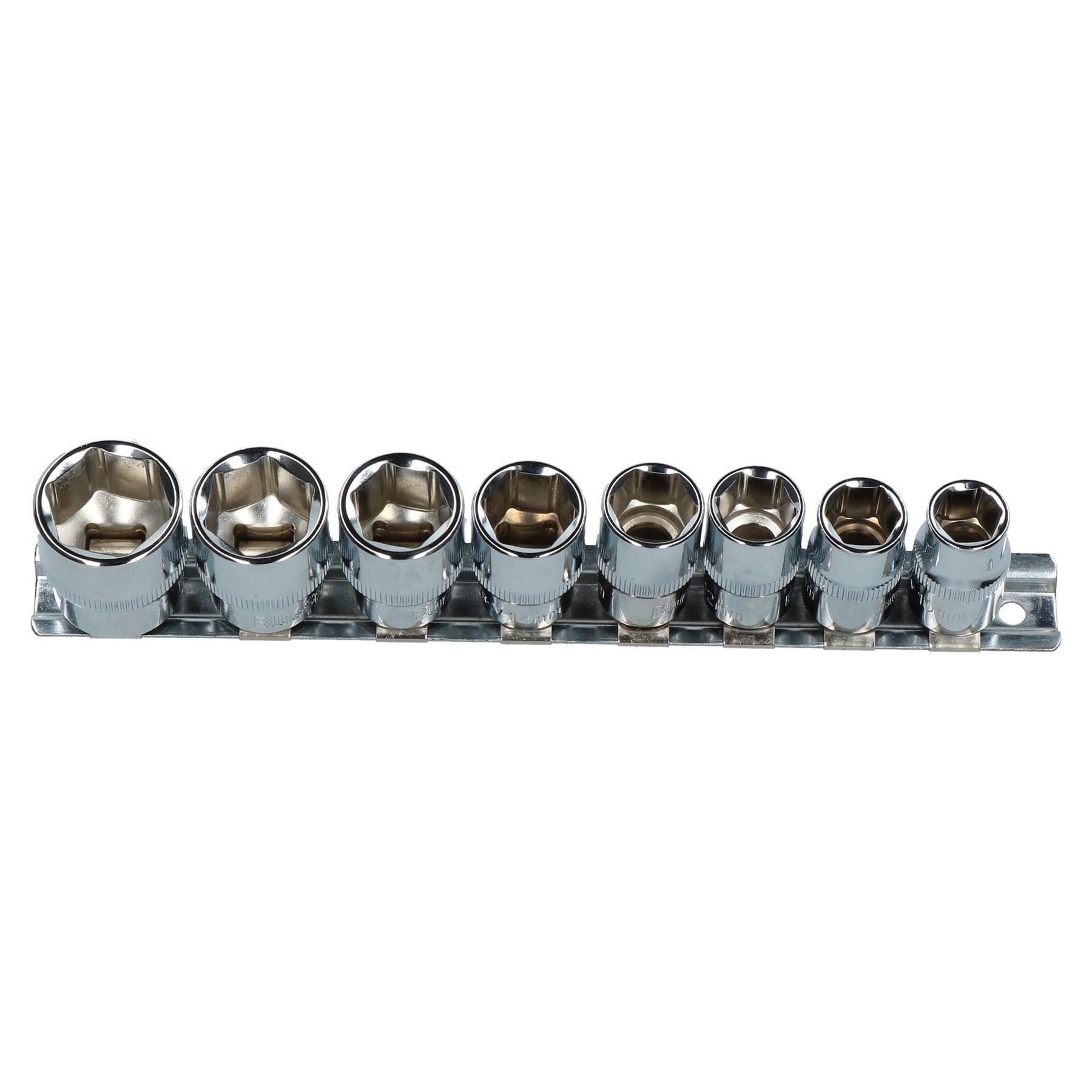 8pc 3/8" Drive Shallow Metric 6 Sided Single Hex Sockets 10mm - 19mm On Rail