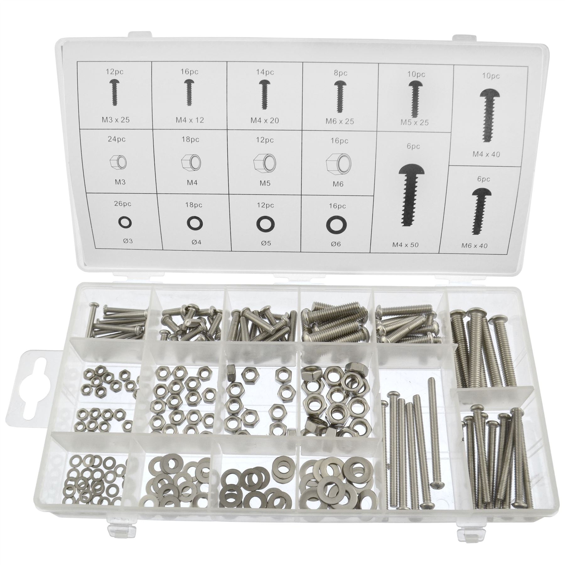 Stainless steel Nuts Bolts Washers Fasteners Fixings M3 - M6 224pc kit AST17