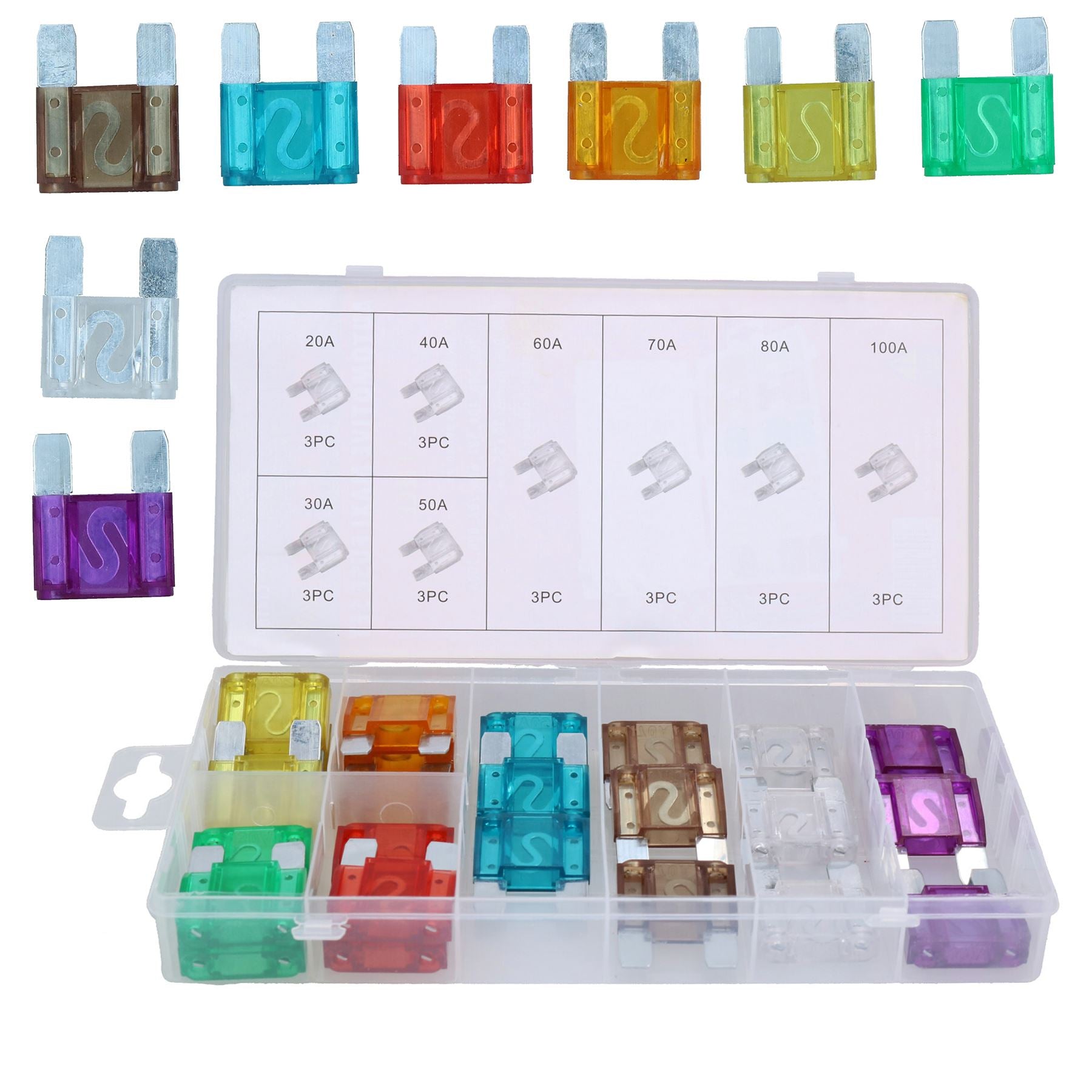 24pc Max large Blade Fuse Assortment Set 20 – 100A Automotive Fuses Cars Vans