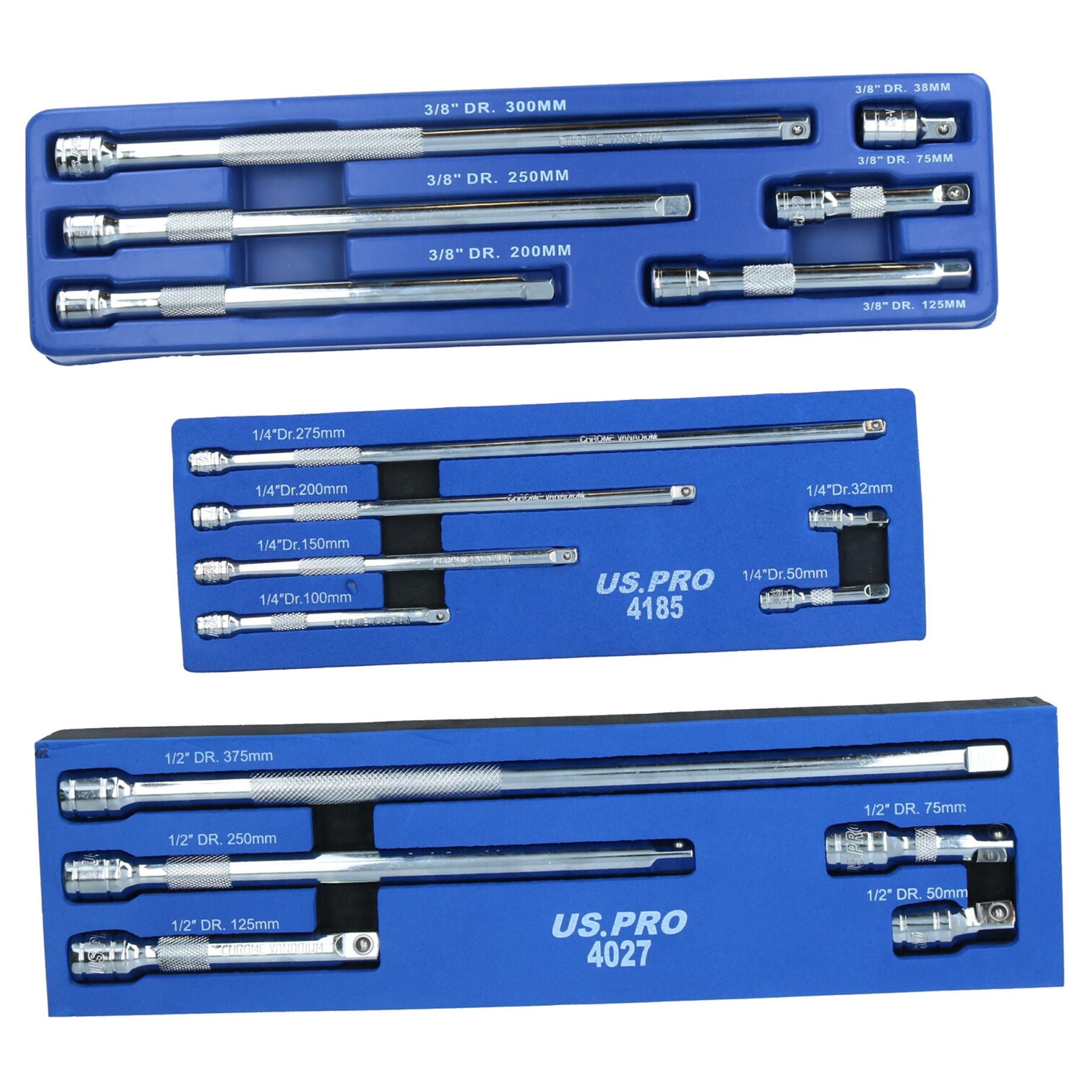Jeu de 17 rallonges droites pour douilles 1/4" 3/8" 1/2" 32 mm – 375 mm