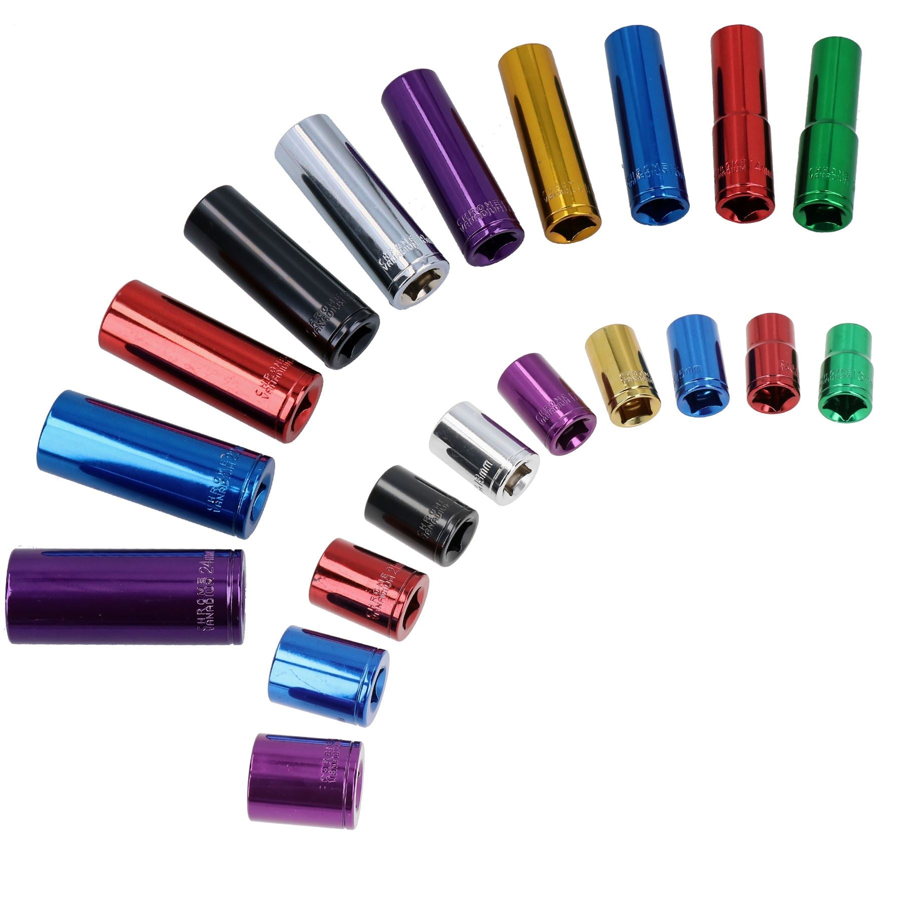 Metrischer MM 1/2"-Antrieb, flache + tiefe, farbkodierte Steckschlüsseleinsätze, 13–24 mm, 20 Stück