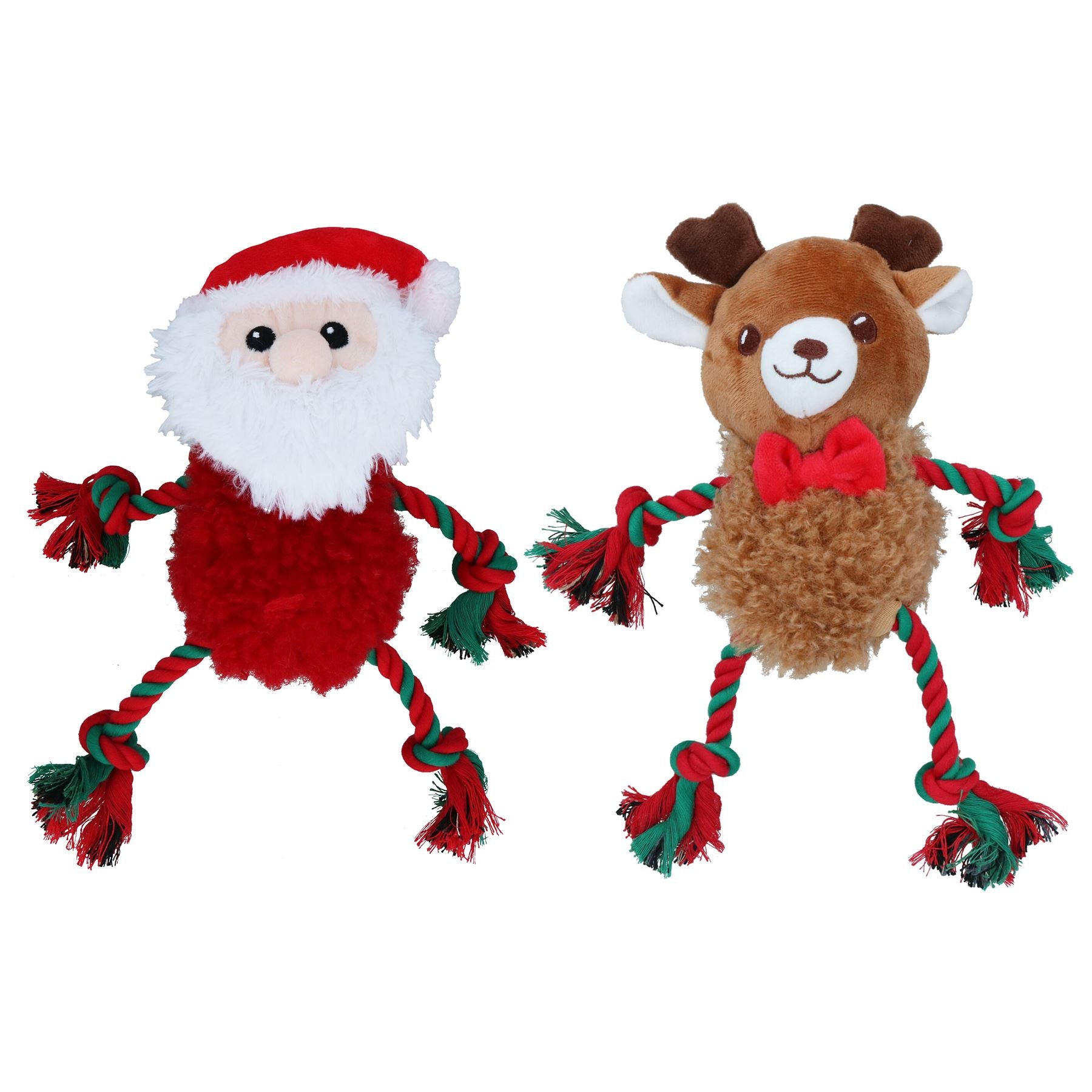 Weihnachtsgeschenk für Hunde, flauschiges Rentier und Weihnachtsmann, quietschendes Plüsch-Seilspielzeug-Paket