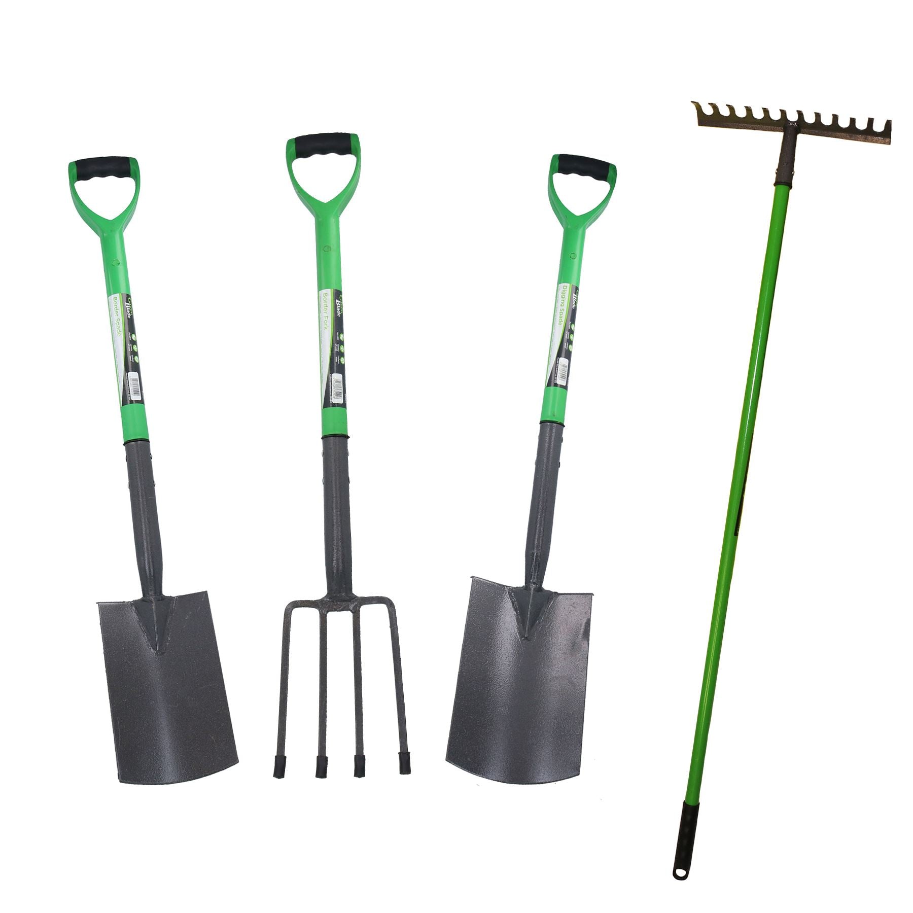 Garden Border Fork Spade Rake + Digging Spade Carbon Steel Blades 4pc Kit