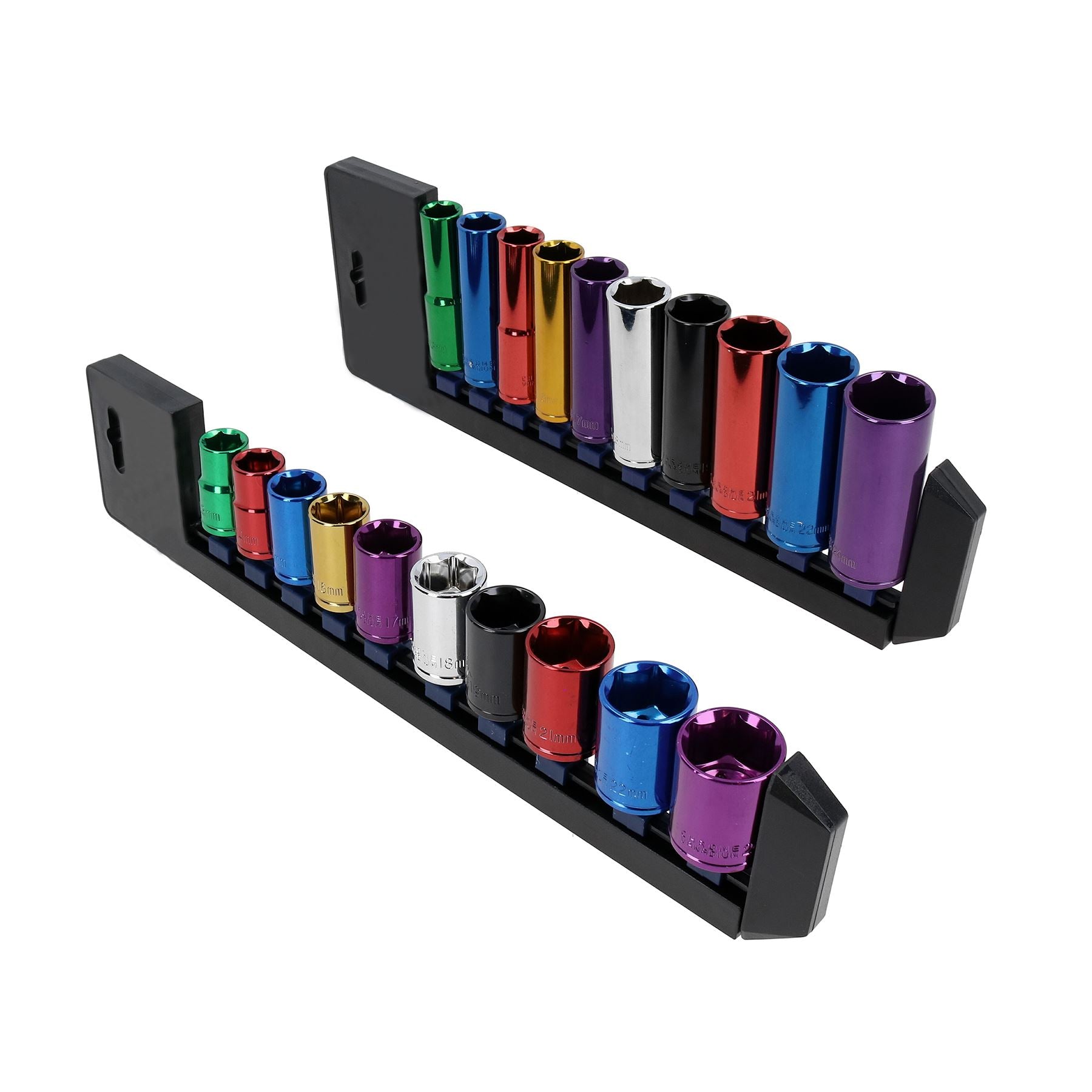 Metrischer MM 1/2"-Antrieb, flache + tiefe, farbkodierte Steckschlüsseleinsätze, 13–24 mm, 20 Stück