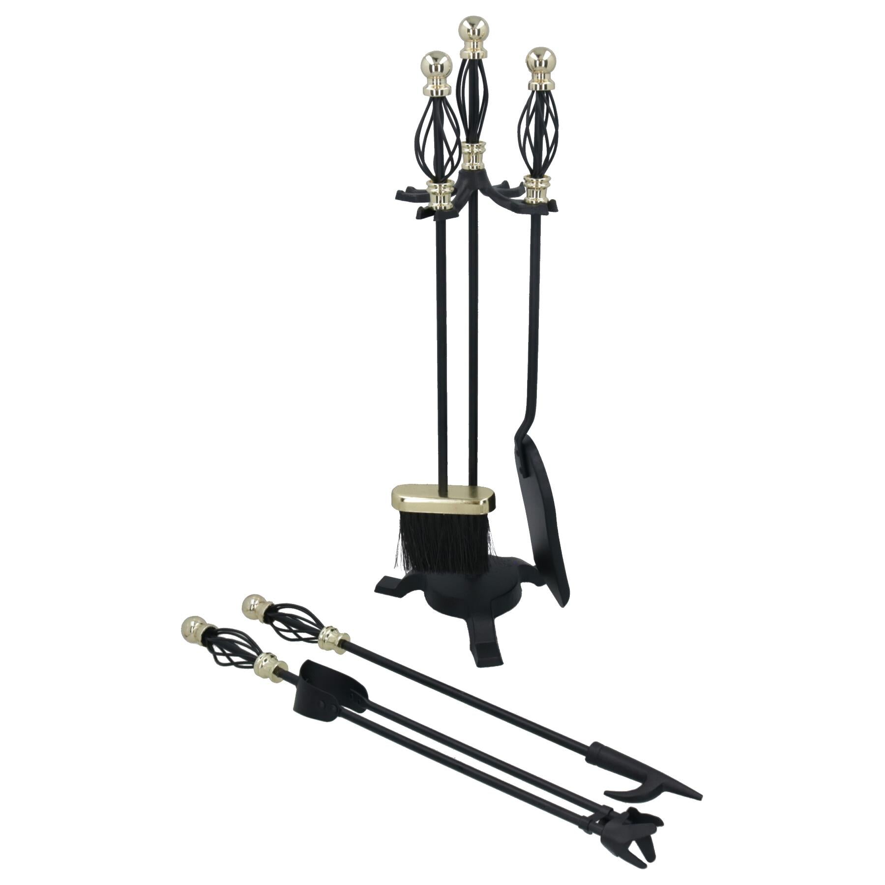 Ensemble de 5 pièces pour cheminée en laiton avec brosse, tisonnier, pelle, pince, brûleur à bûches