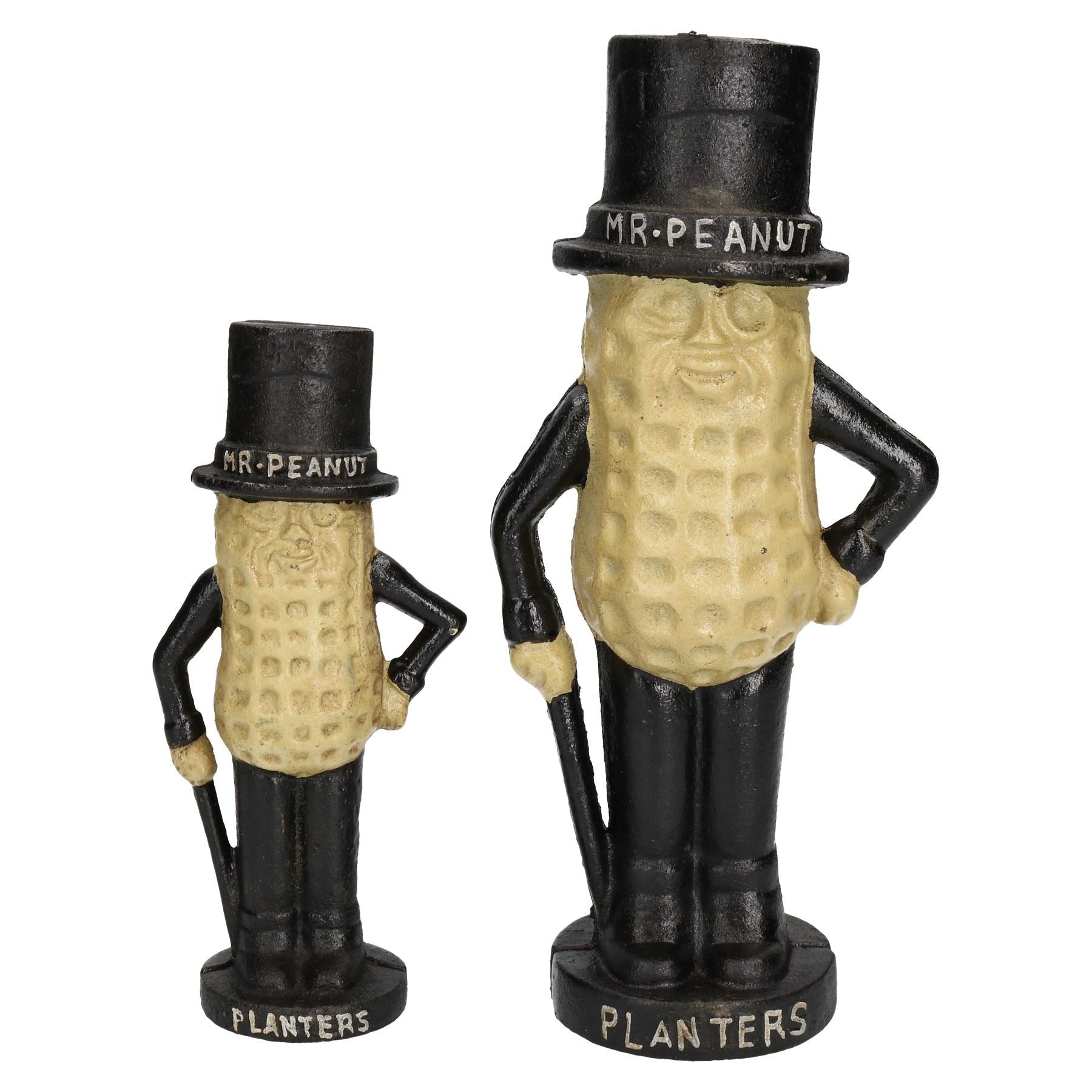 Large & Small Mr. Peanut Money Box Bank Jar Planters Mascot Cast Iron Statue